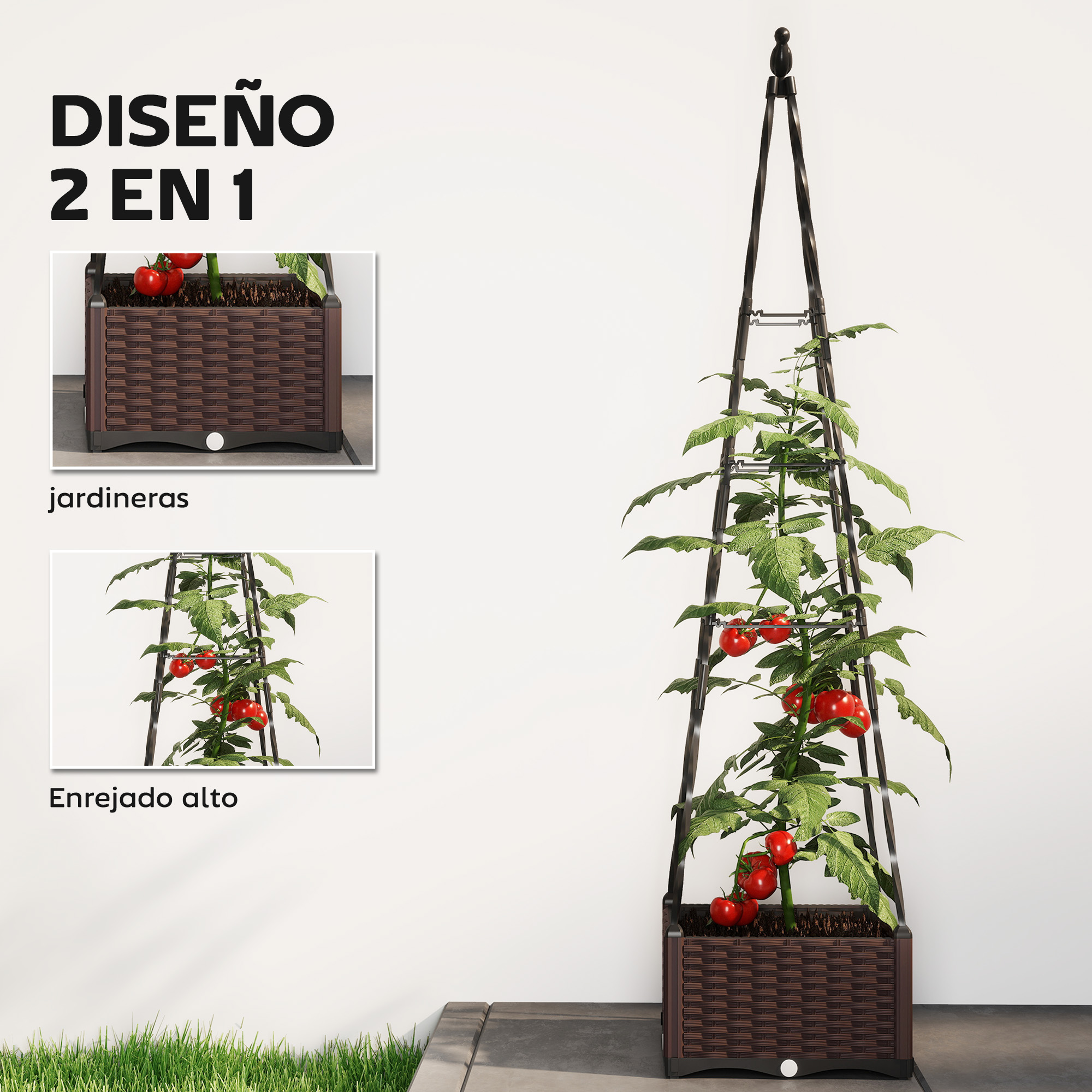 Una planta de tomate crece en una jardinera marrón con una estructura de enrejado.