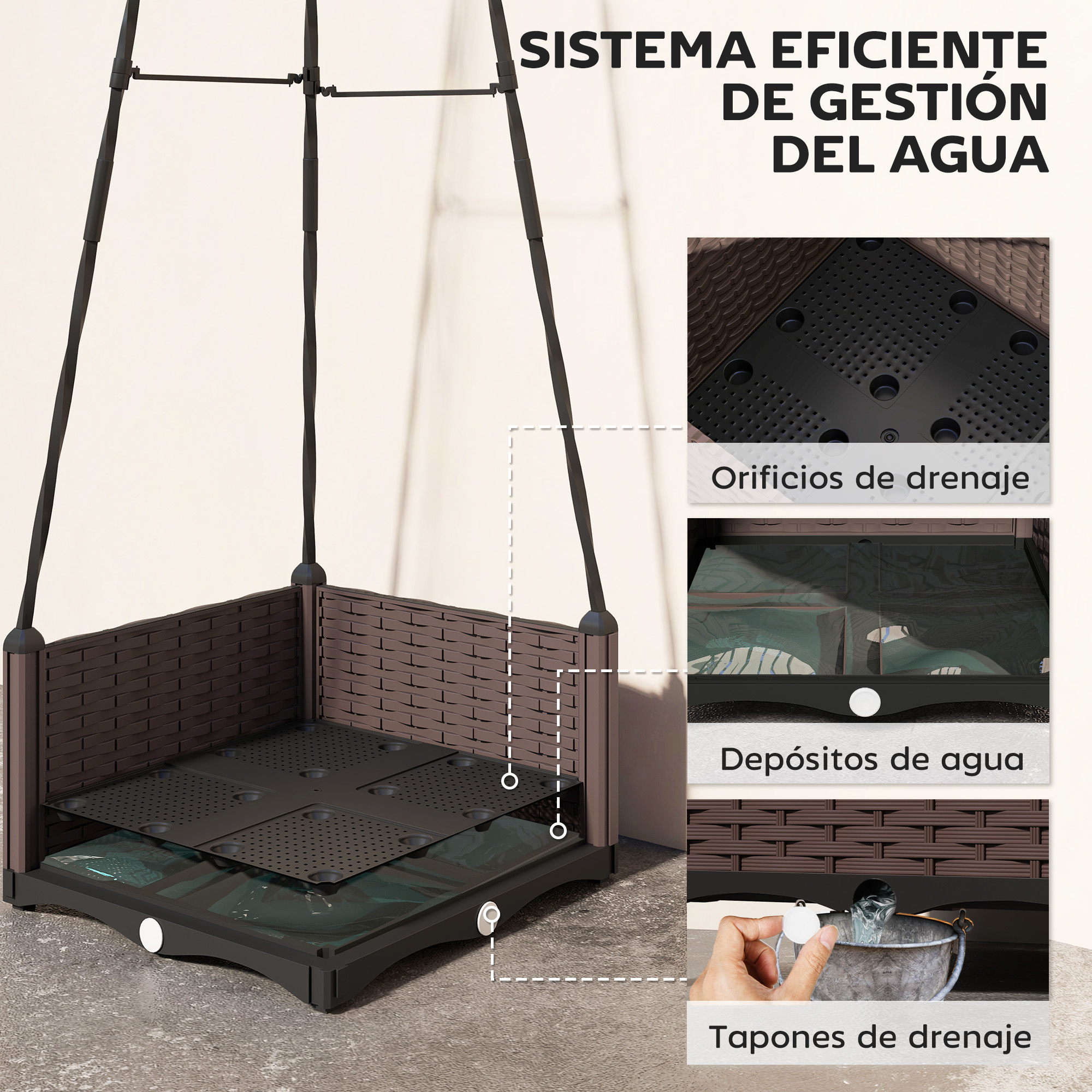 Estructura marrón con orificios de drenaje, depósitos de agua y tapones.