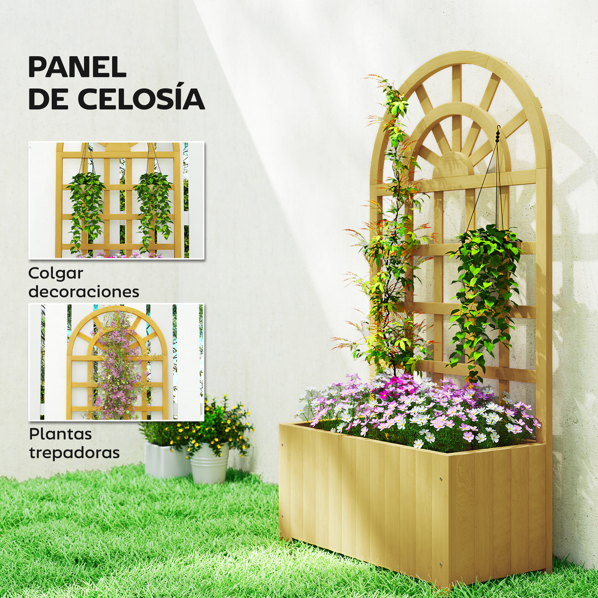 Un jardinero de madera con enrejado y flores, junto a una pared.