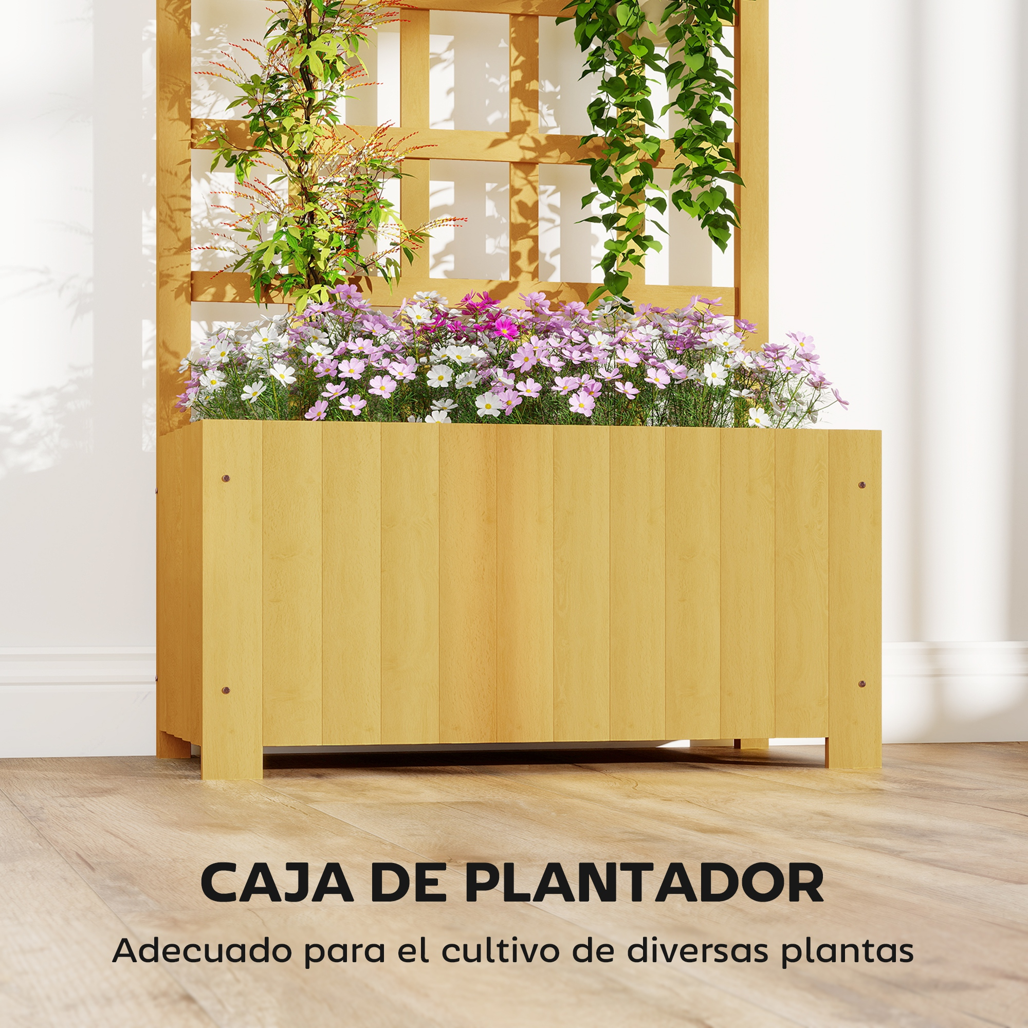 Caja de madera para plantas con enrejado y flores coloridas sobre pared blanca.