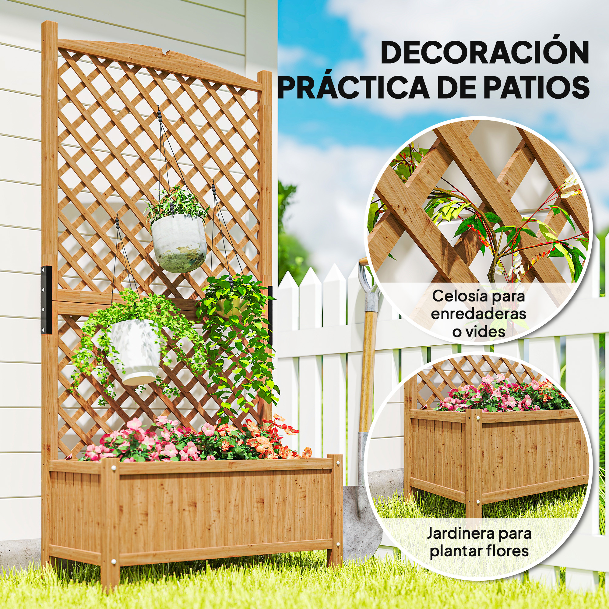 Celosía de jardín de madera con jardinera y plantas colgantes.