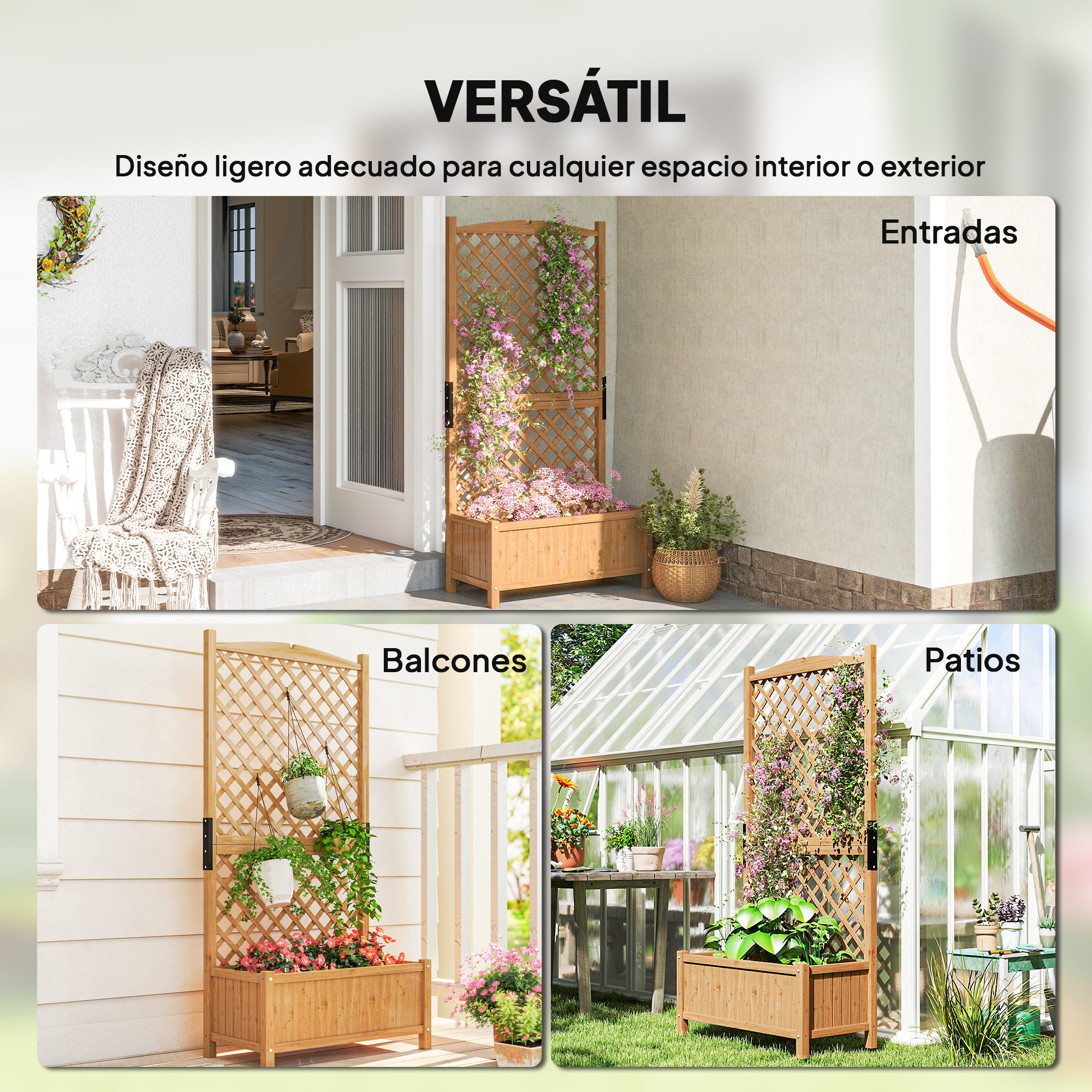 Un macetero de madera versátil con enrejado, apto para interior y exterior.