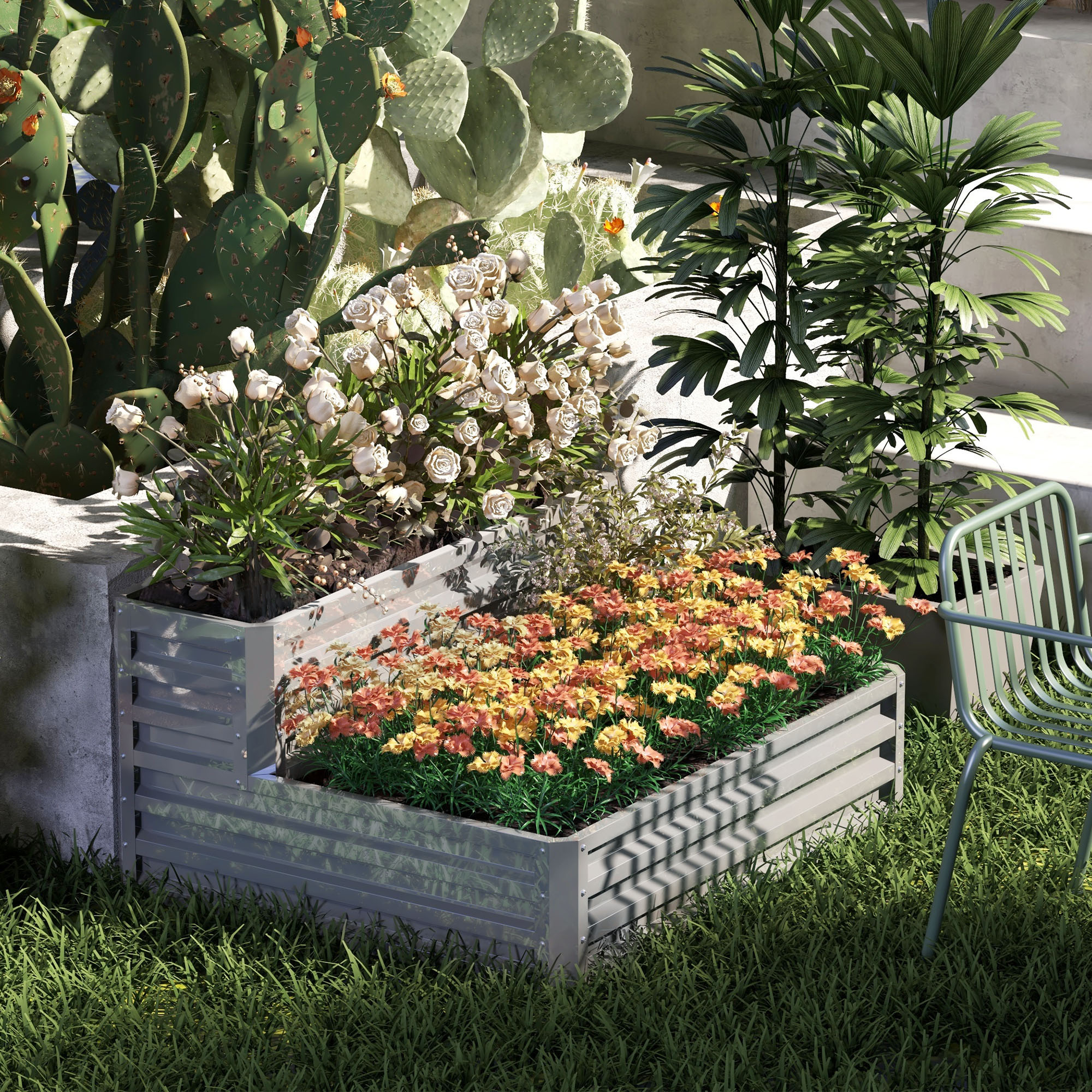 Un moderno jardín elevado con cactus, rosas y flores coloridas, junto a una silla.