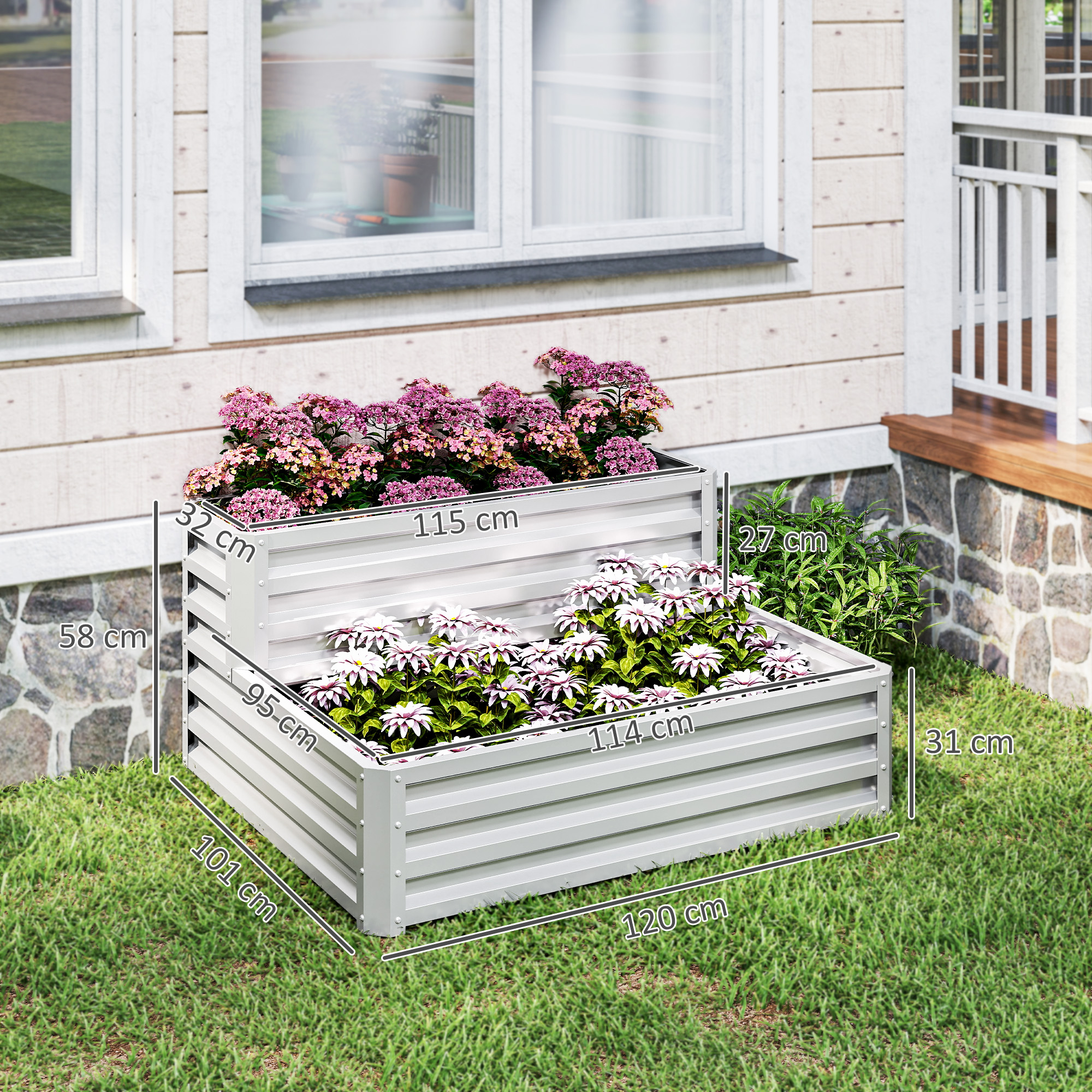 Un bancal elevado gris de dos niveles con flores y medidas, junto a una casa.
