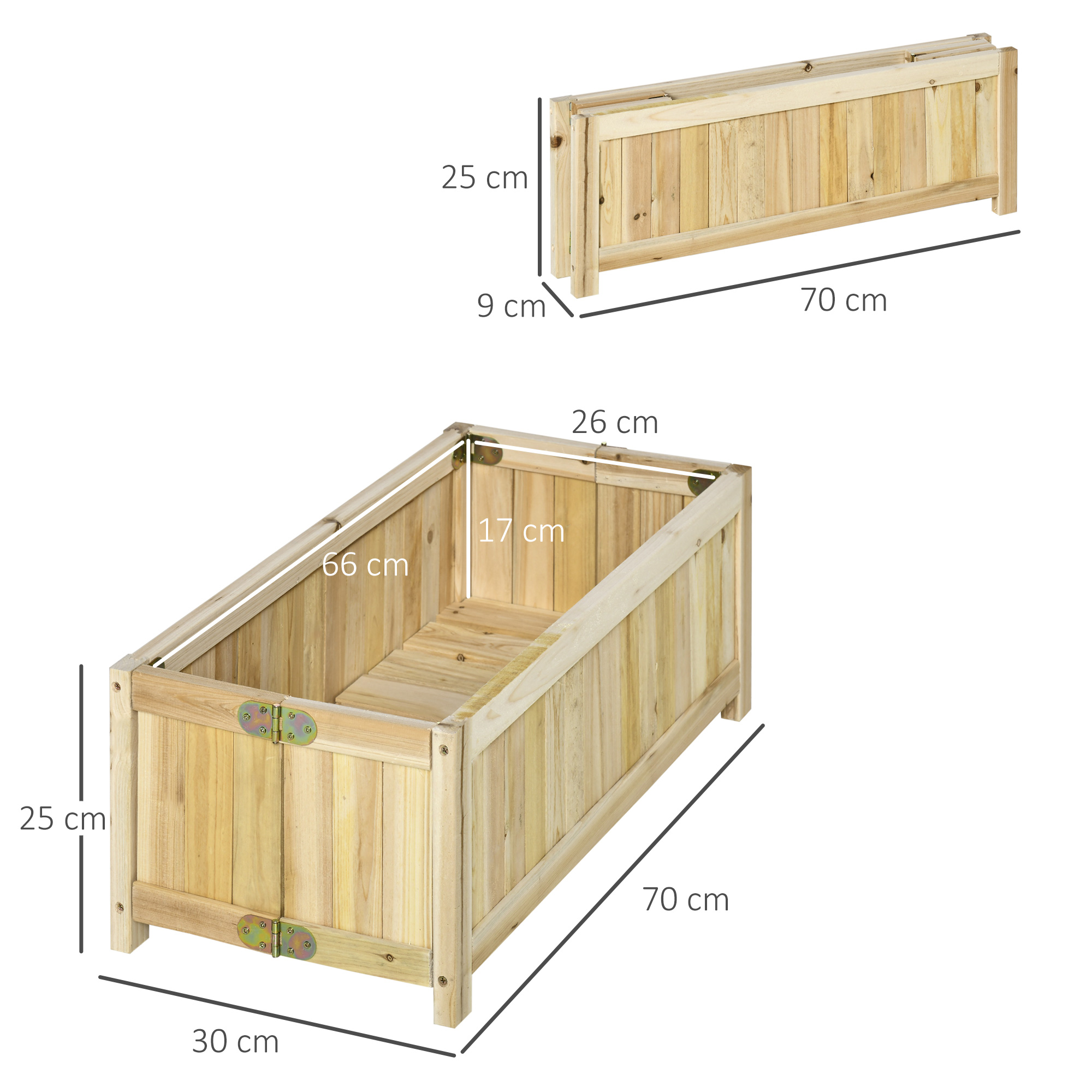 Ein rechteckiger Holz Blumenkasten mit Maßen und ein zusammengeklappter Kasten.