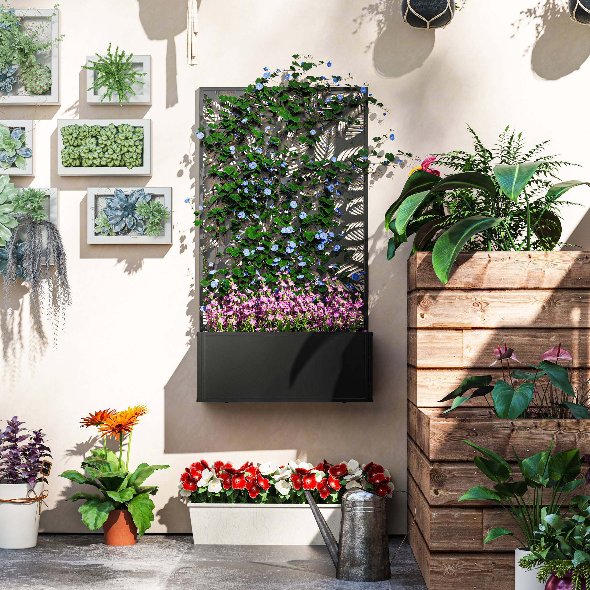 Un jardín con plantas de pared, flores y maceteros de madera contra una pared.