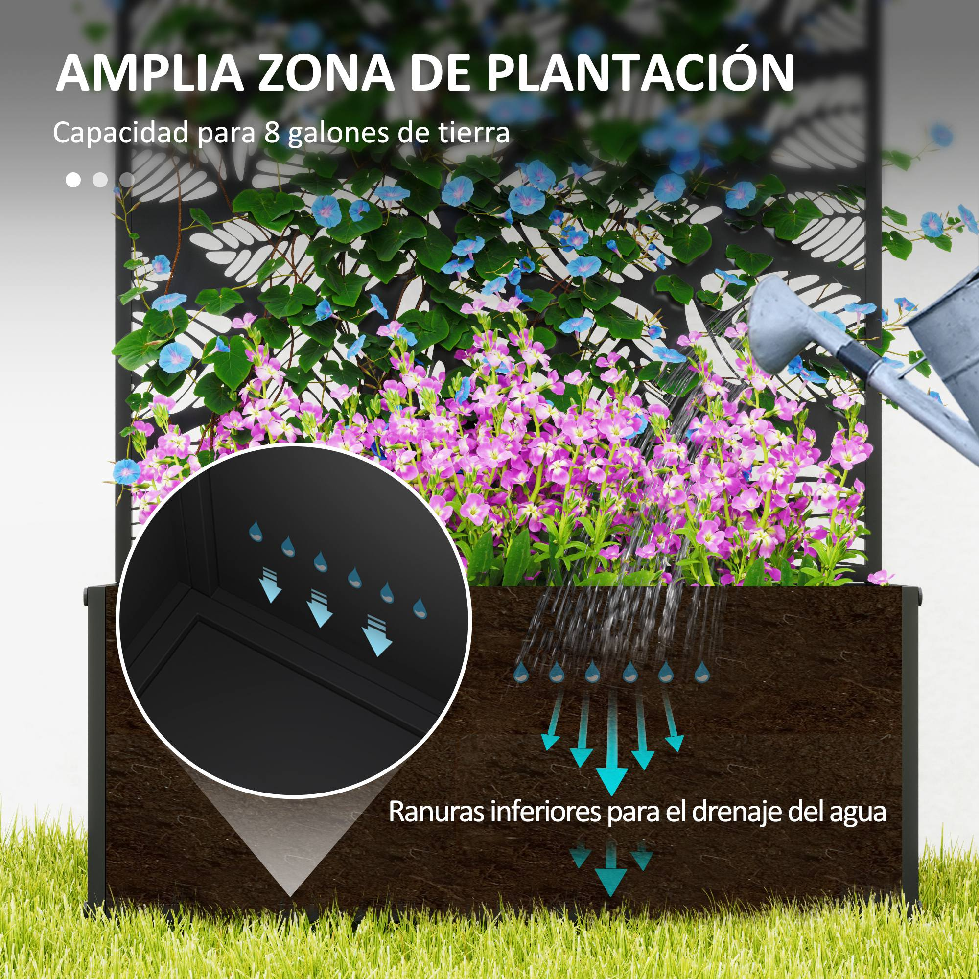 Regadera riega flores en macetero grande con ranuras de drenaje.