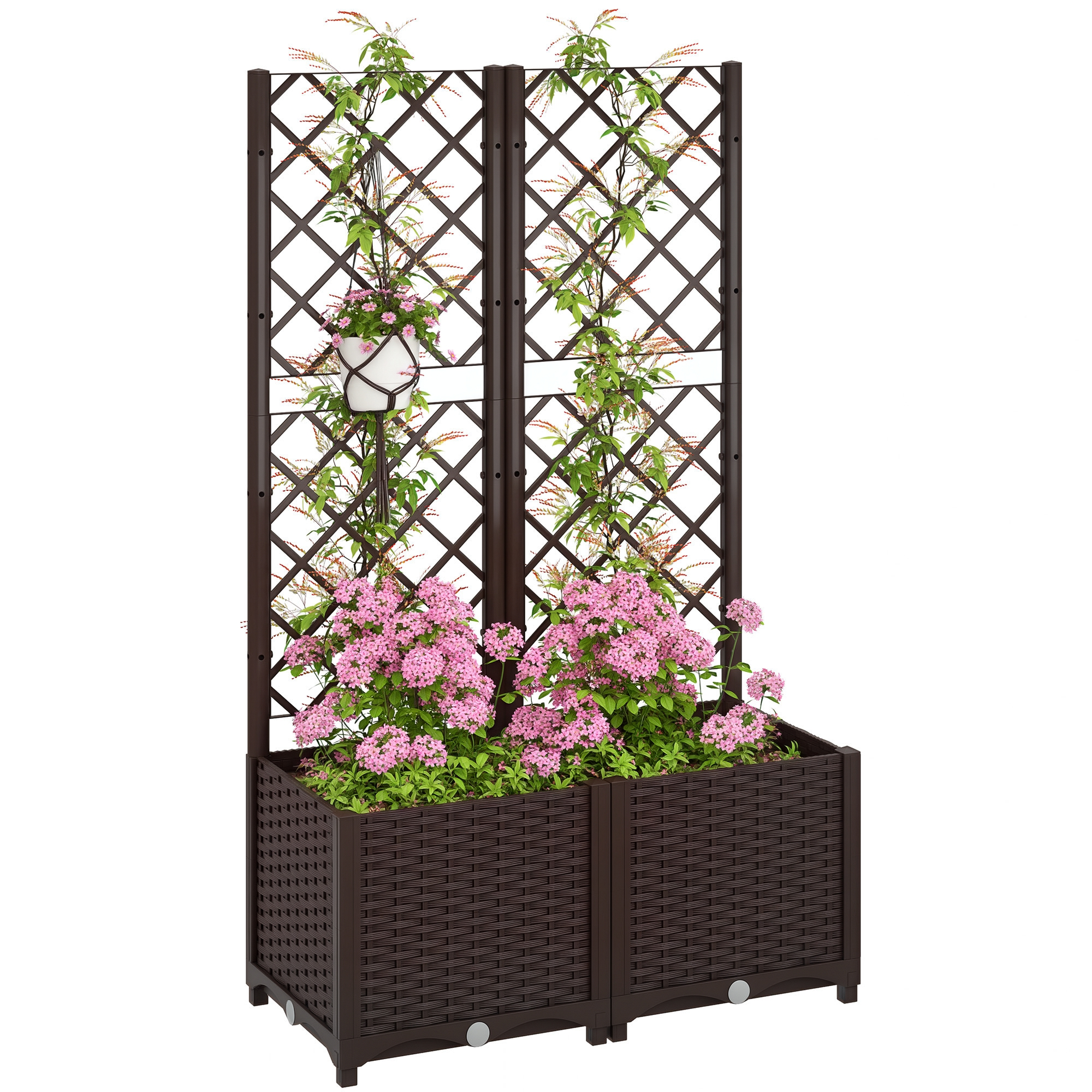 Fioriera marrone con traliccio e fiori rosa.