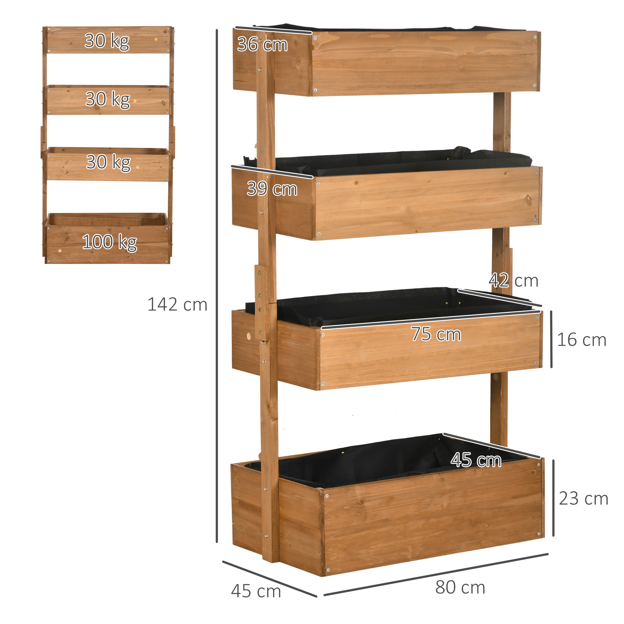 Macetero de madera de cuatro niveles con medidas y etiquetas de peso.