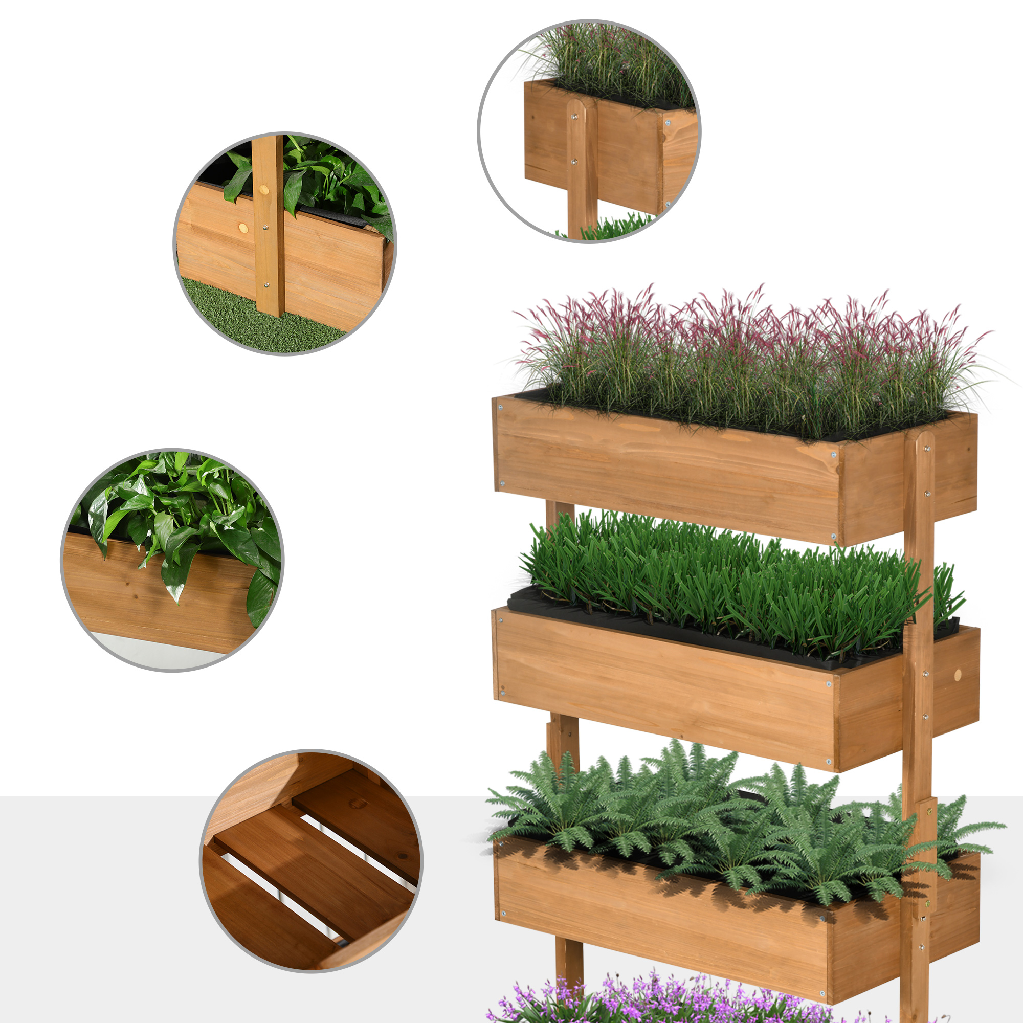 Un macetero vertical de madera de tres niveles, lleno de plantas.