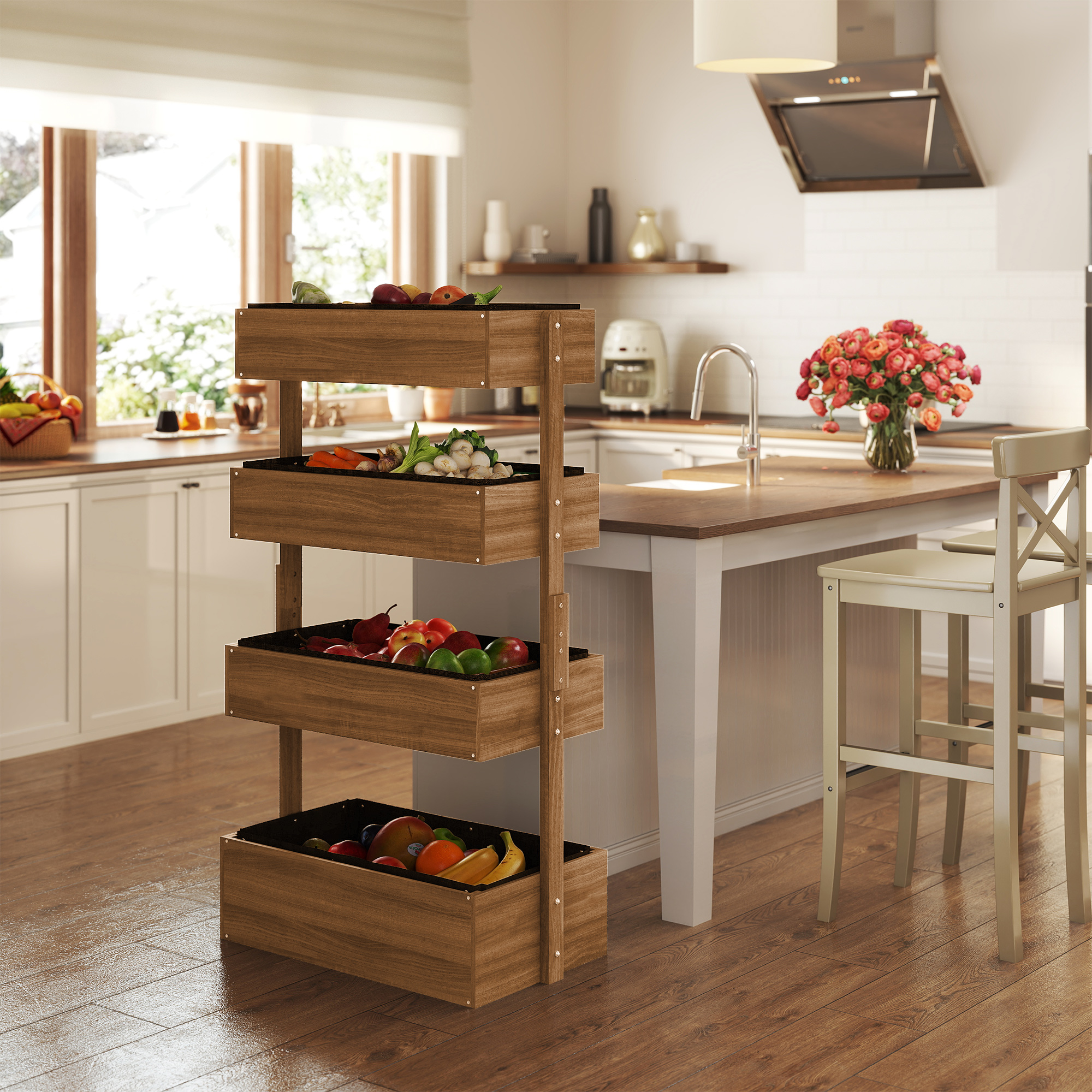 Un soporte de madera en niveles con frutas y verduras en una cocina luminosa.