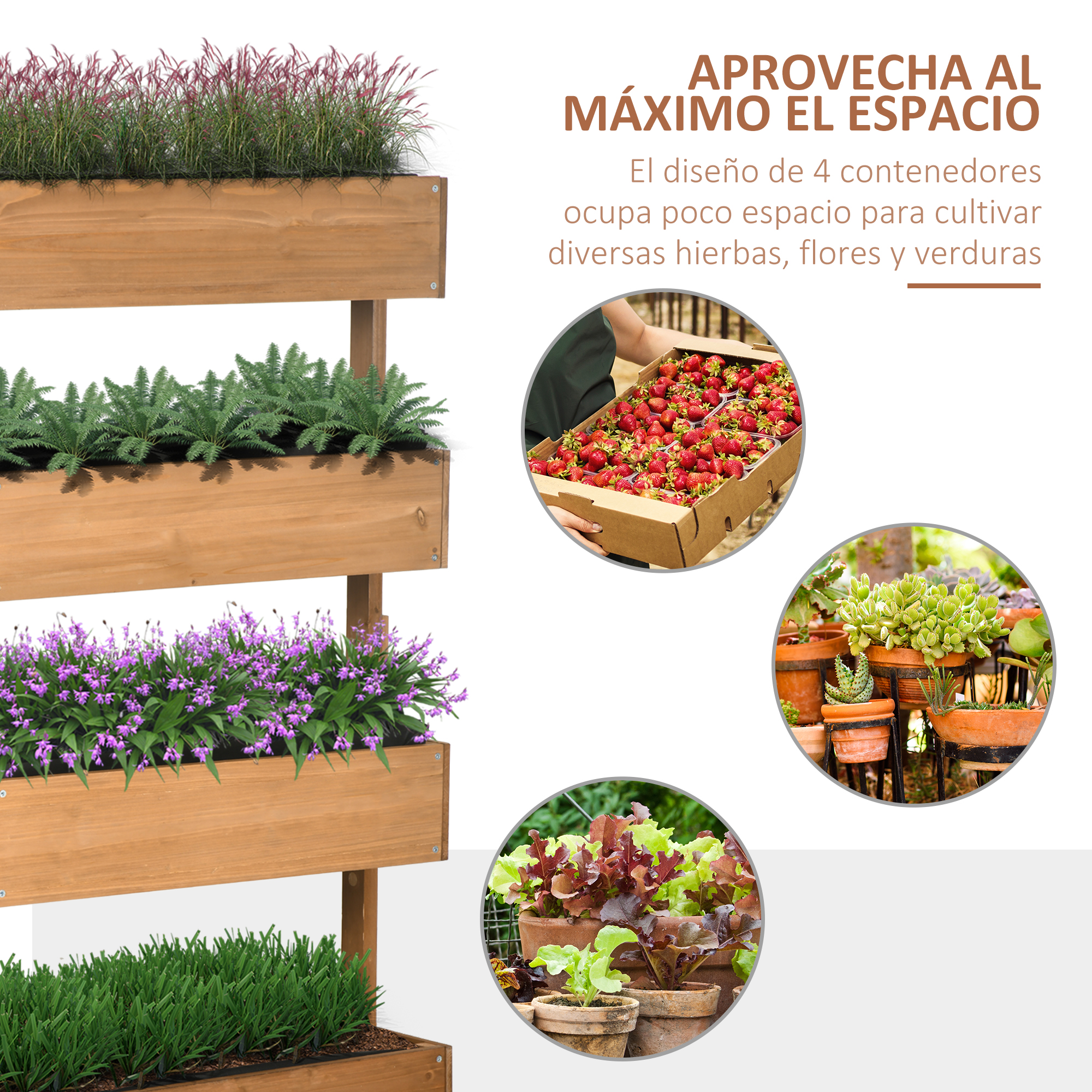 Jardín vertical de madera de cuatro niveles, con hierbas, helechos, flores moradas y lechugas.