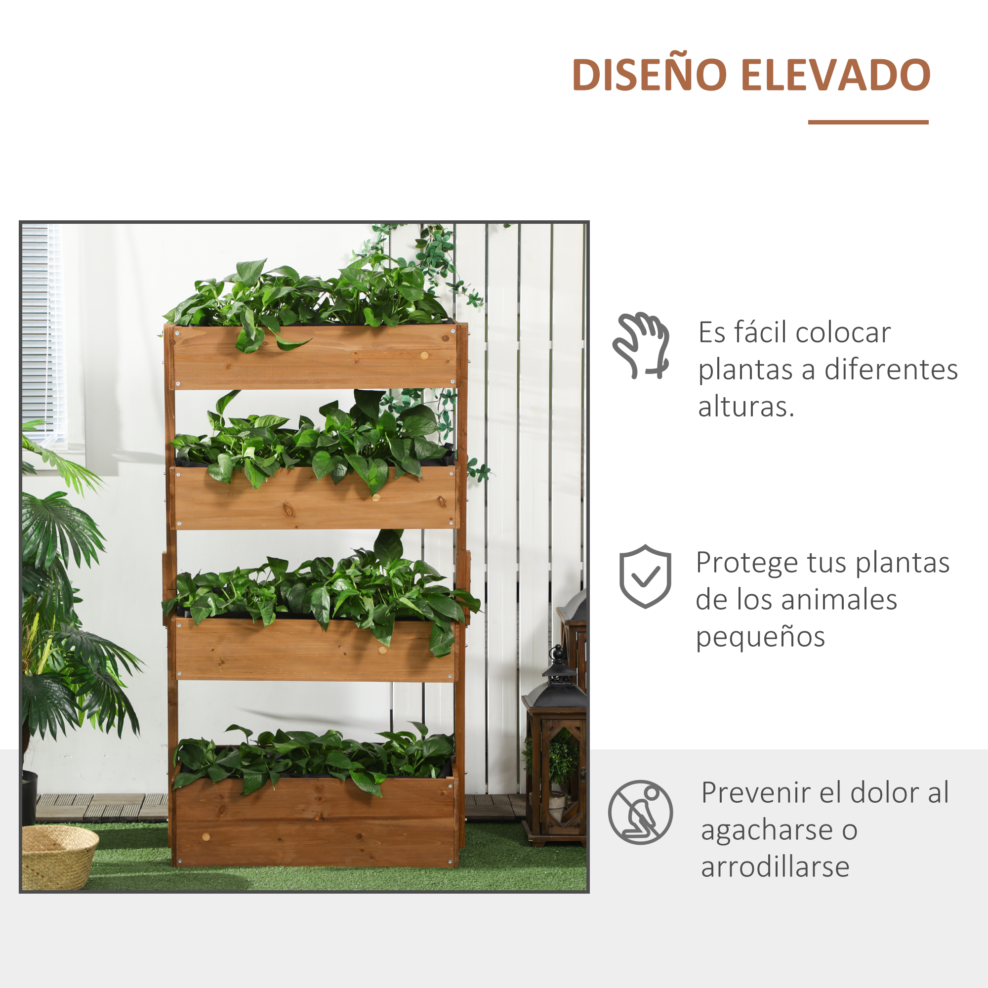 Un macetero vertical de madera de cuatro niveles, lleno de plantas verdes.
