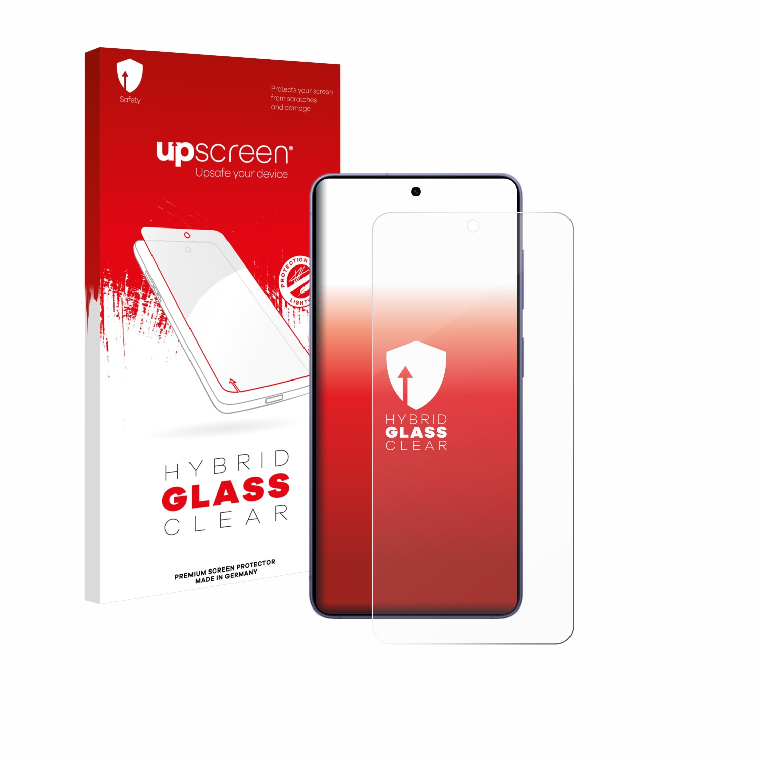 Verpackung für "upscreen" Hybrid Glass Clear Displayschutzfolie neben einem Smartphone.