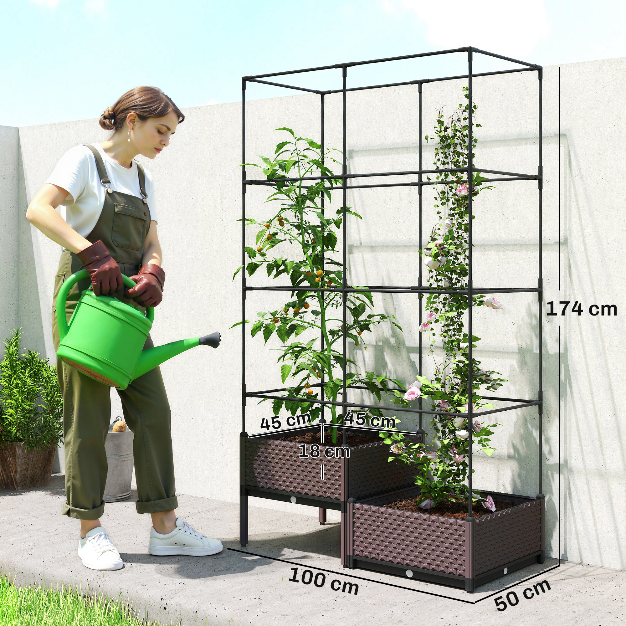 Mujer regando plantas en una celosía junto a una pared de hormigón.