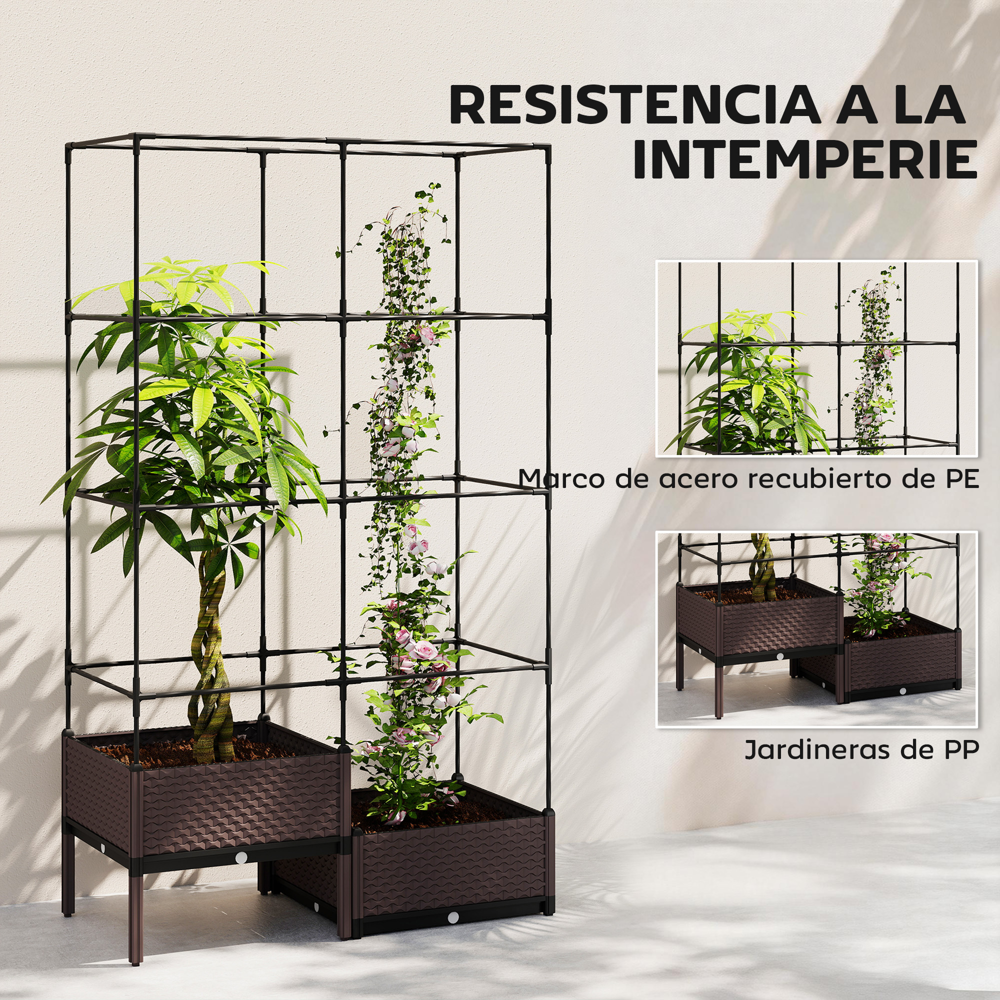 Un enrejado negro con dos plantas y maceteros marrones.