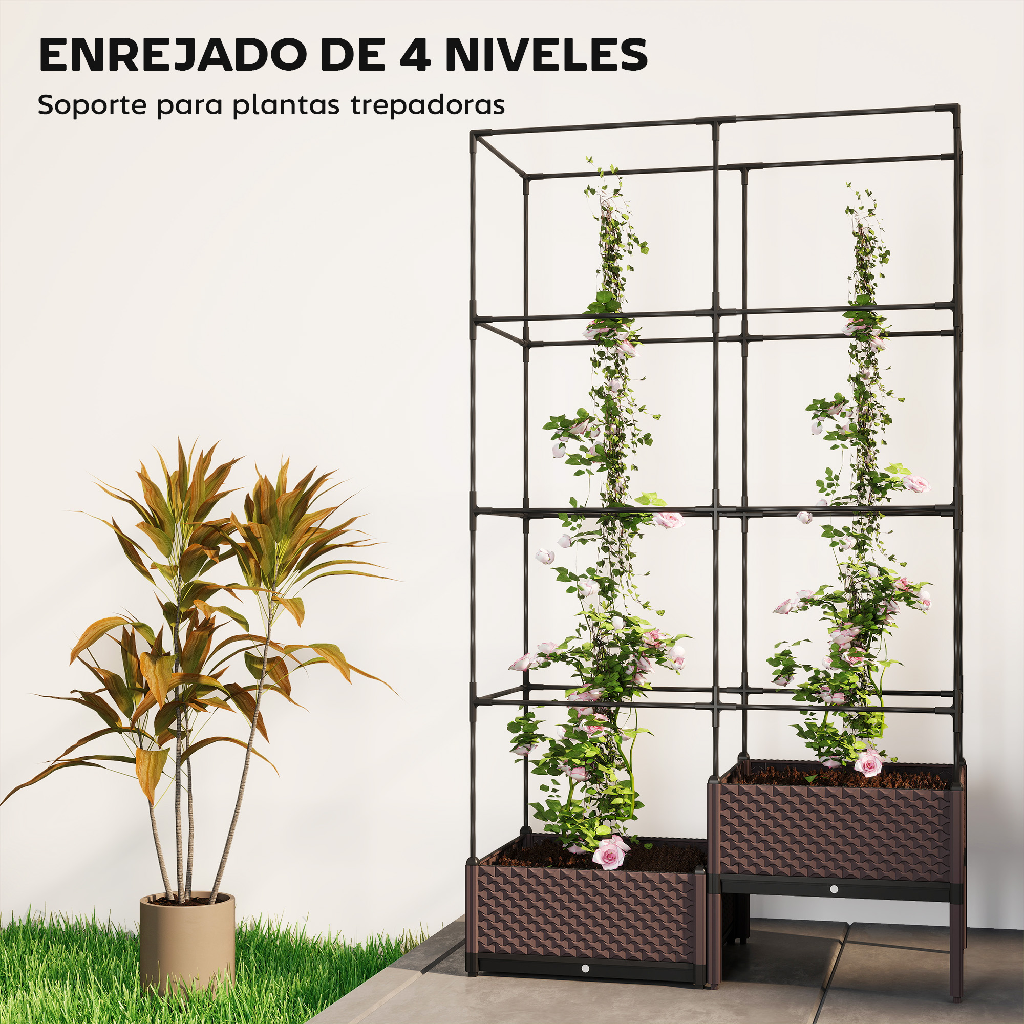 Una celosía negra con plantas y flores sobre fondo blanco.