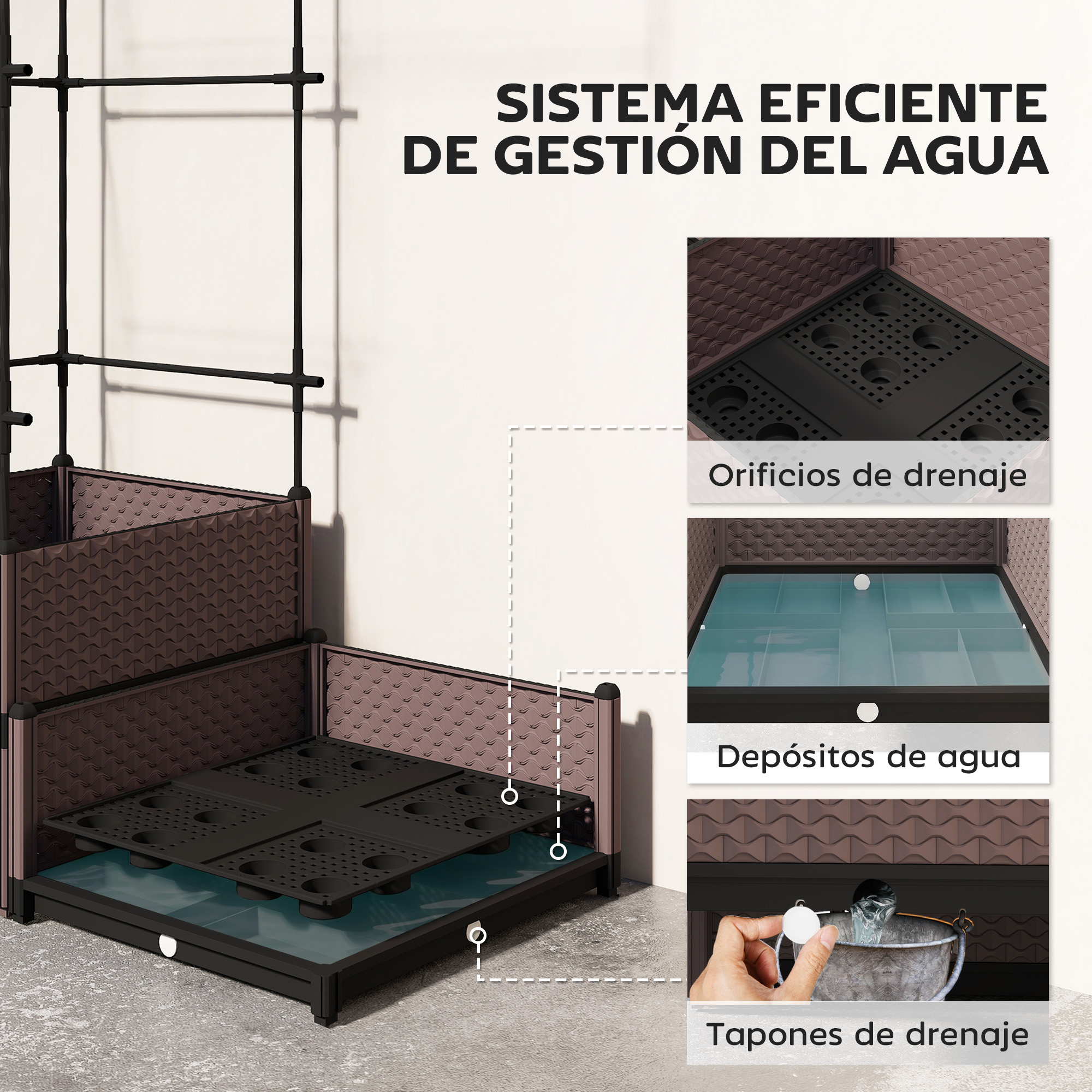 Una jardinera modular marrón con estantería y detalles de gestión de agua.