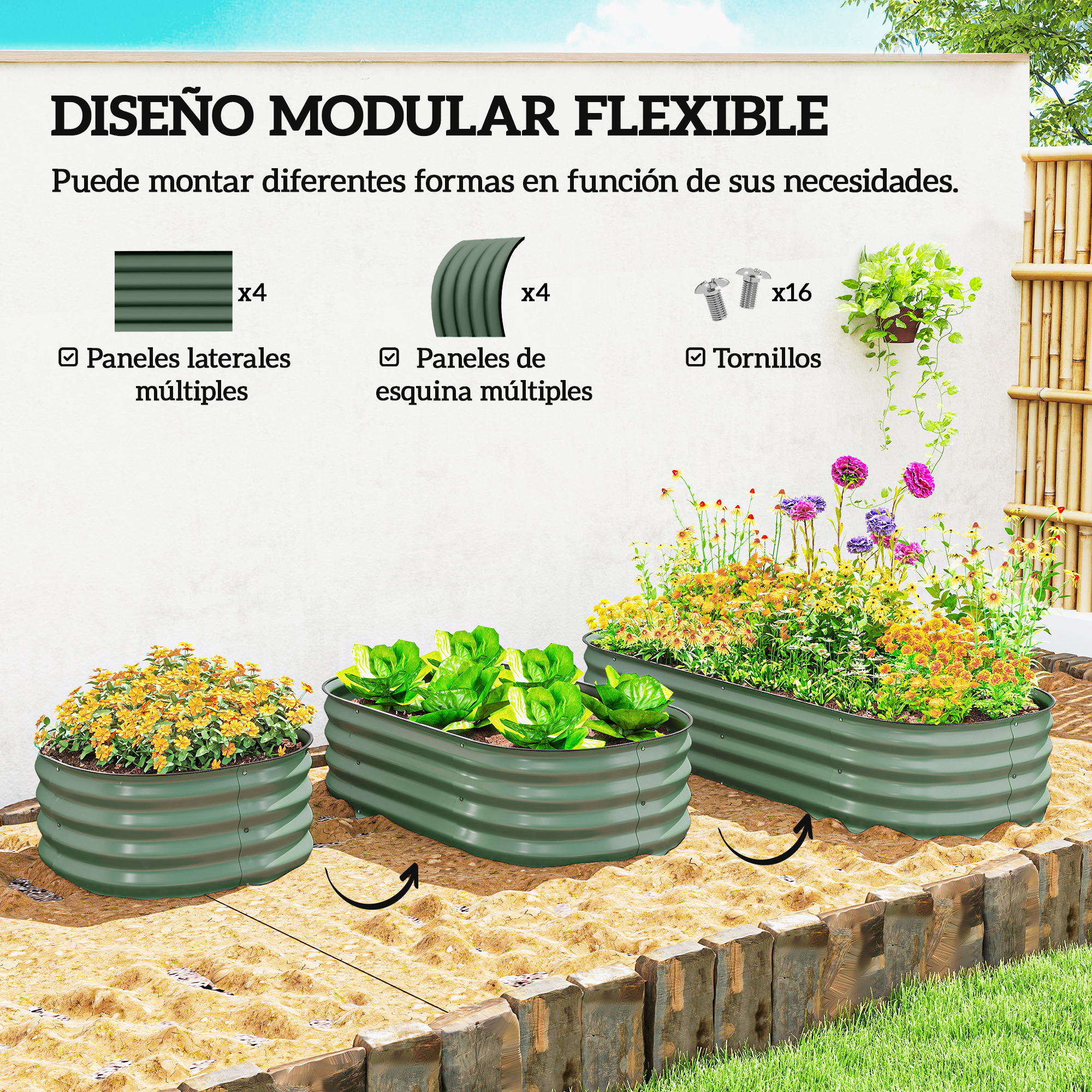 Jardineras elevadas verdes con flores y lechugas. Pequeñas a la izquierda, grandes a la derecha.