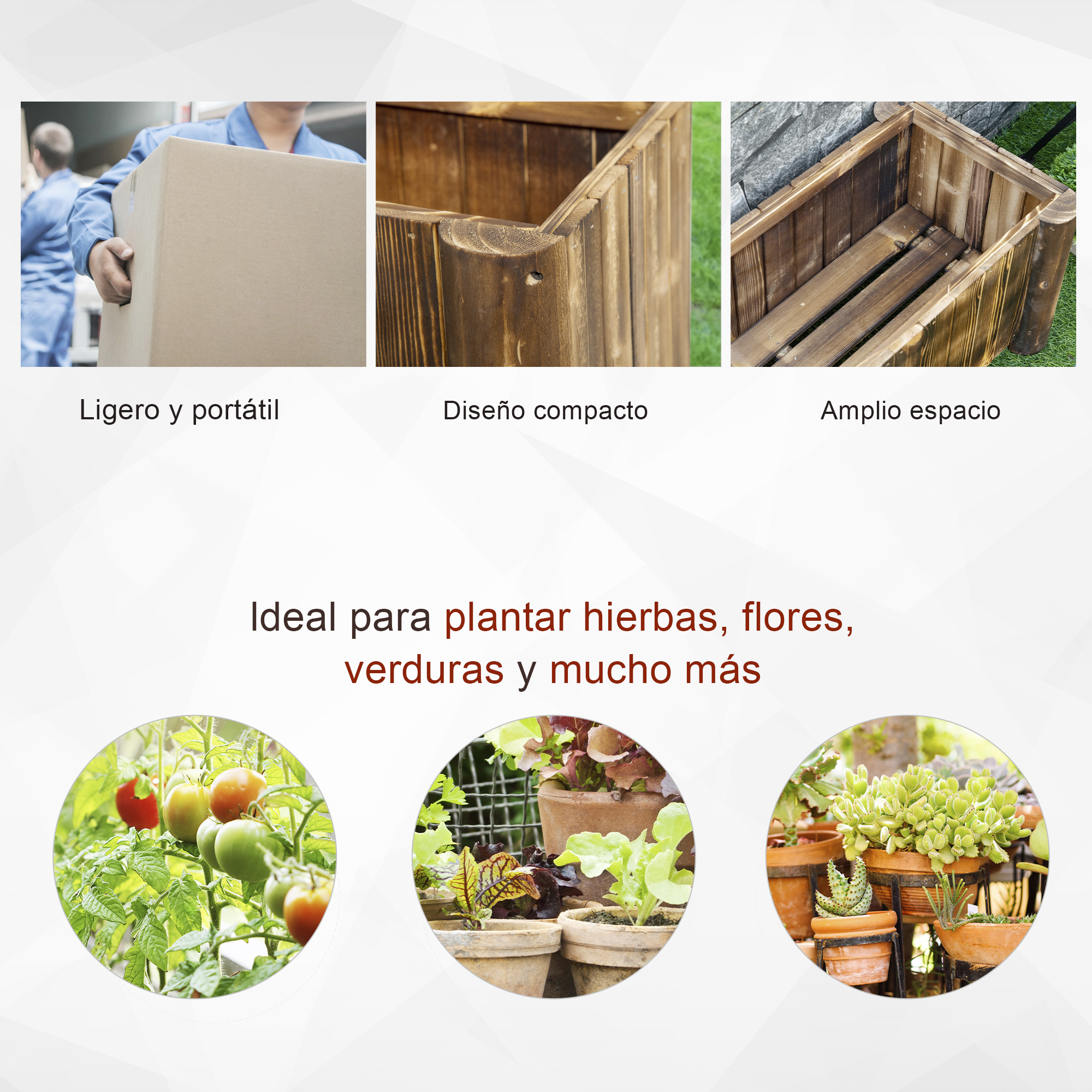 Un hombre lleva una caja de cartón. Se muestran jardineras de madera.