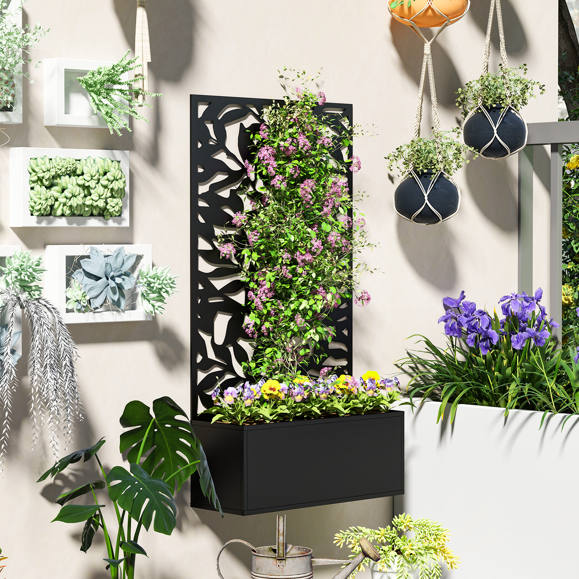 Jardín vertical con macetas colgantes, plantas trepadoras y flores.