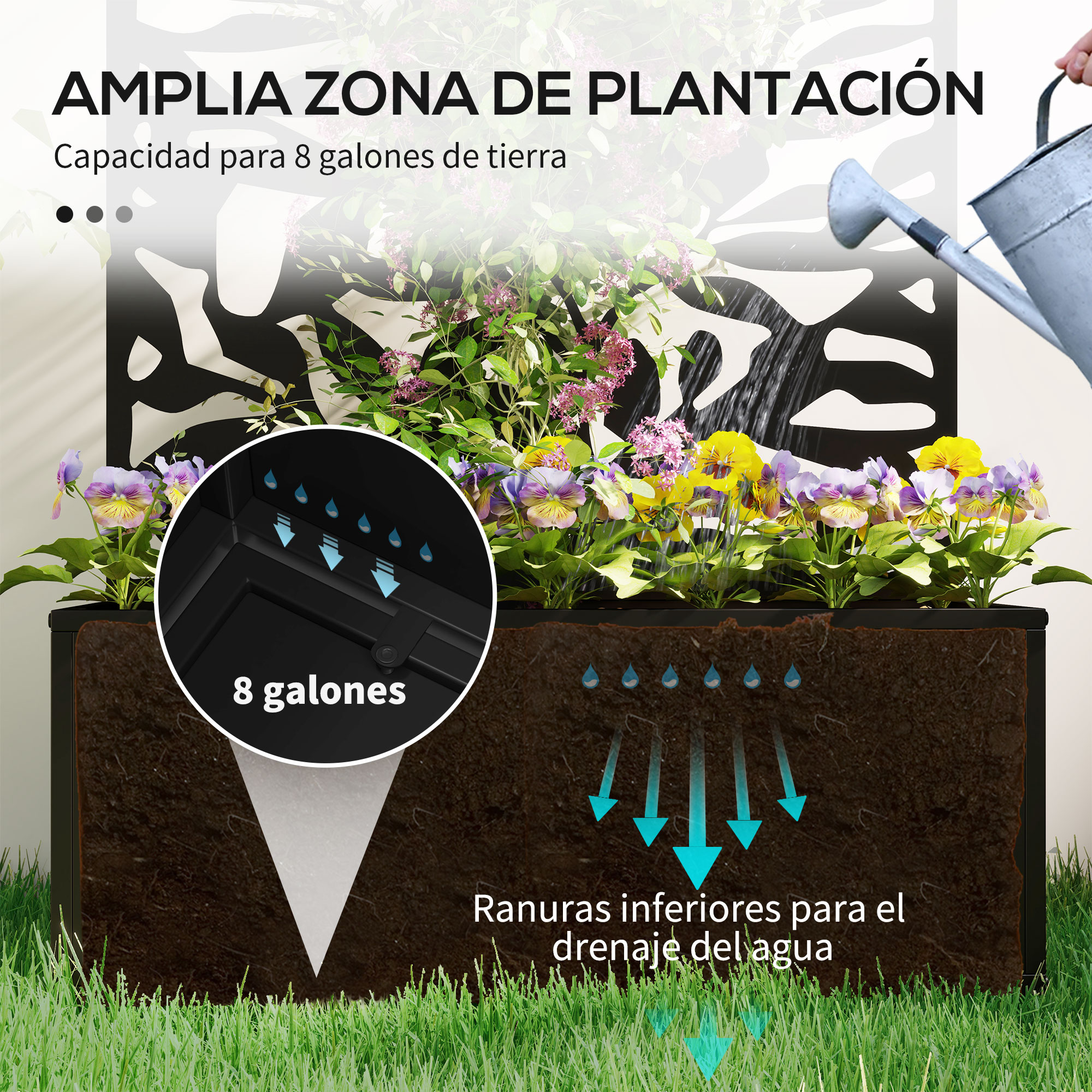 Una regadera vierte agua sobre flores en una maceta de 8 galones.