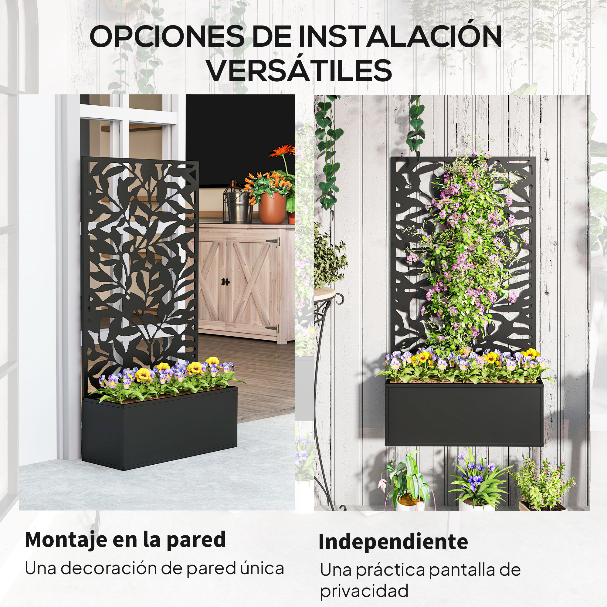 Macetas decorativas con paneles de celosía, montaje en pared y de pie.