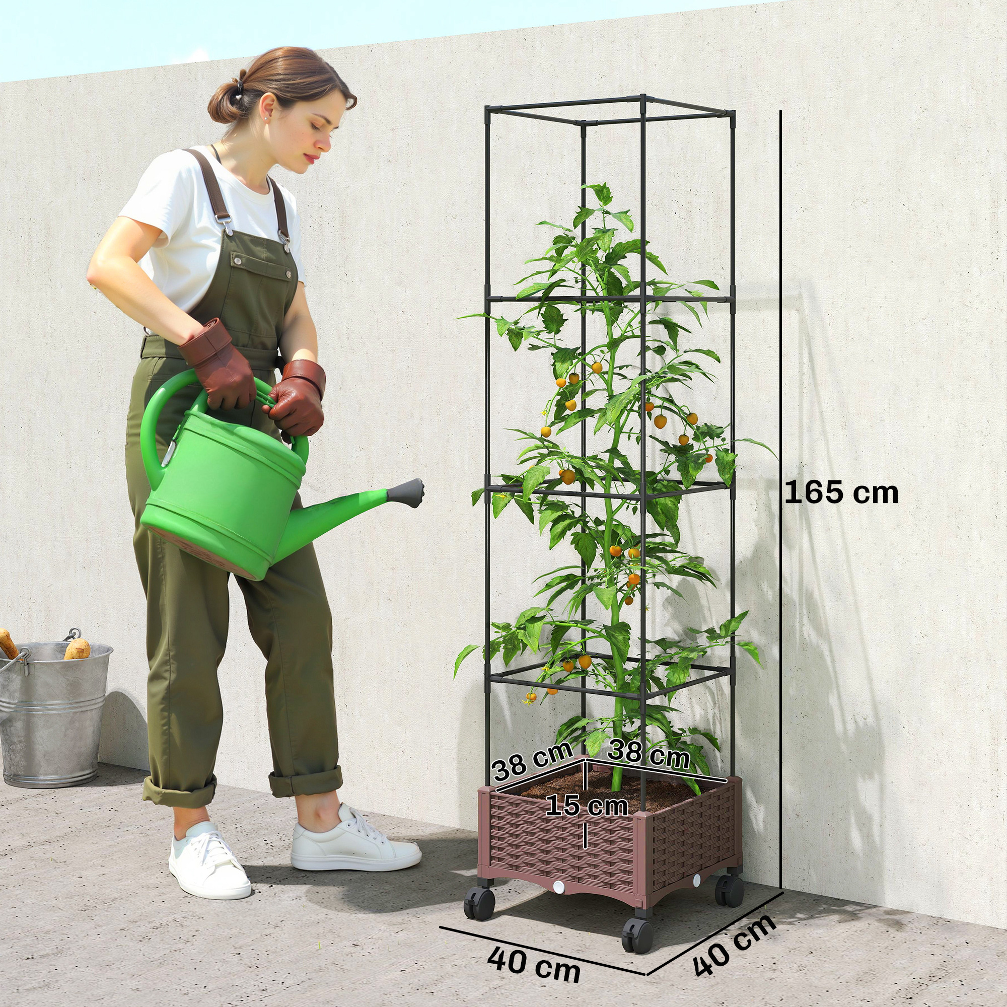 Una mujer riega una planta de tomate en una estructura metálica con jardinera rodante.
