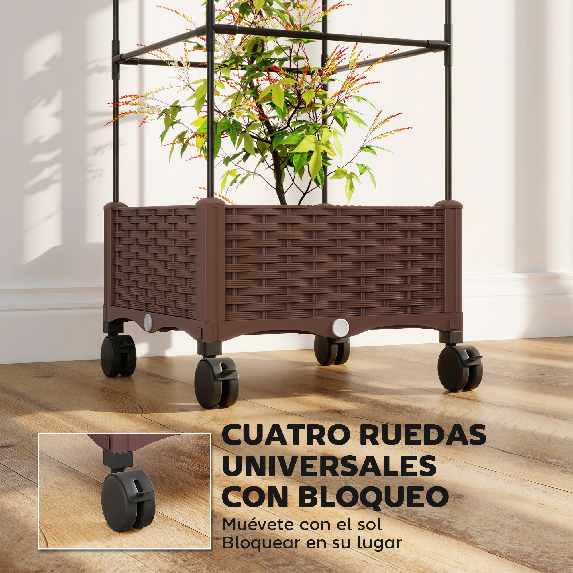 Soporte marrón para plantas con ruedas, planta verde y marco de metal negro.