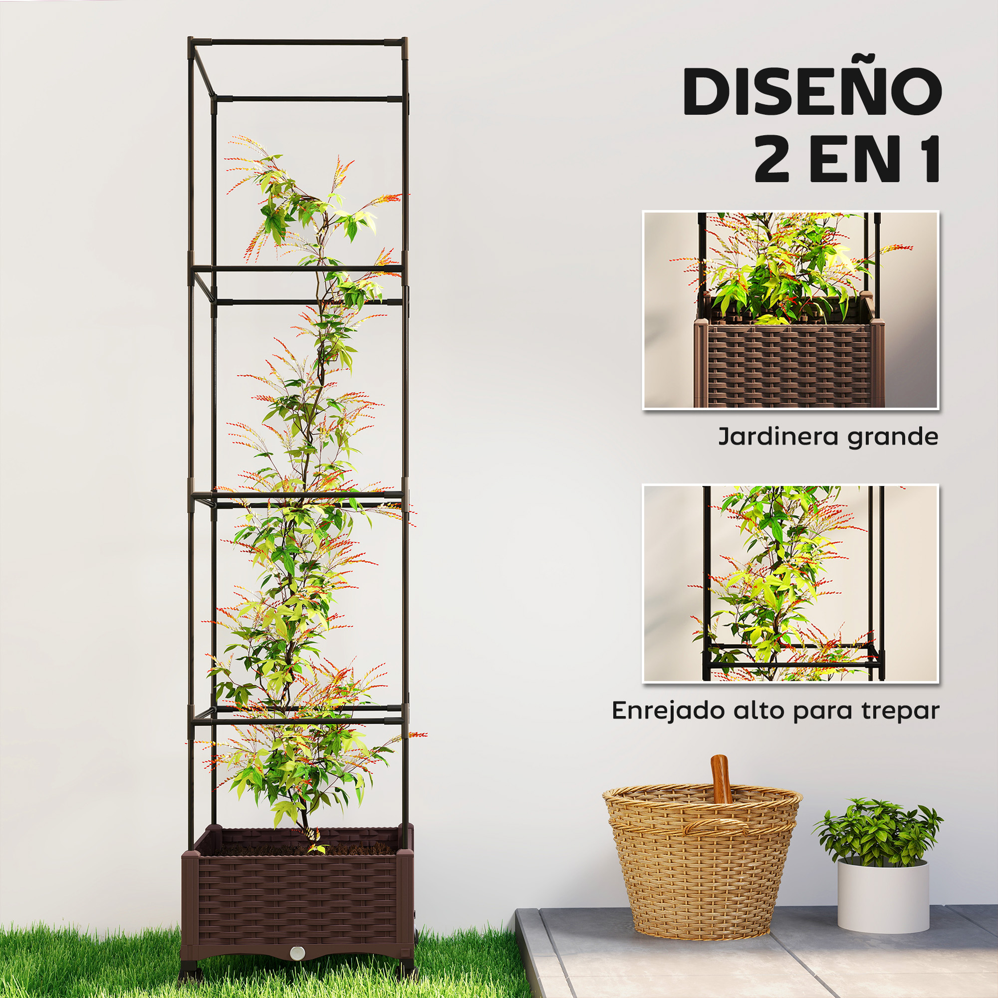 Una alta celosía para plantas con jardinera marrón y planta verde.