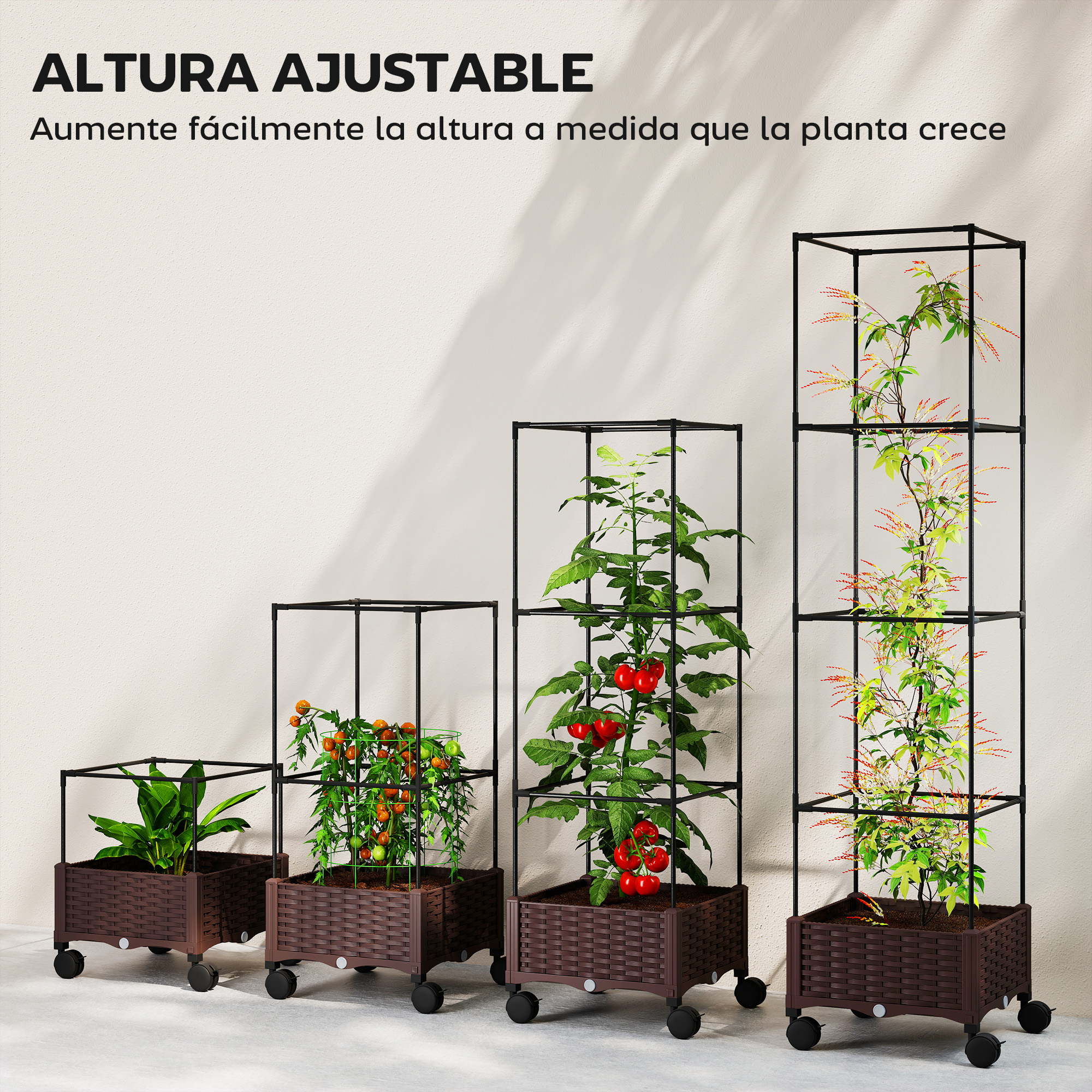 Cuatro torres de plantas de diferentes alturas con plantas, tomates y flores.