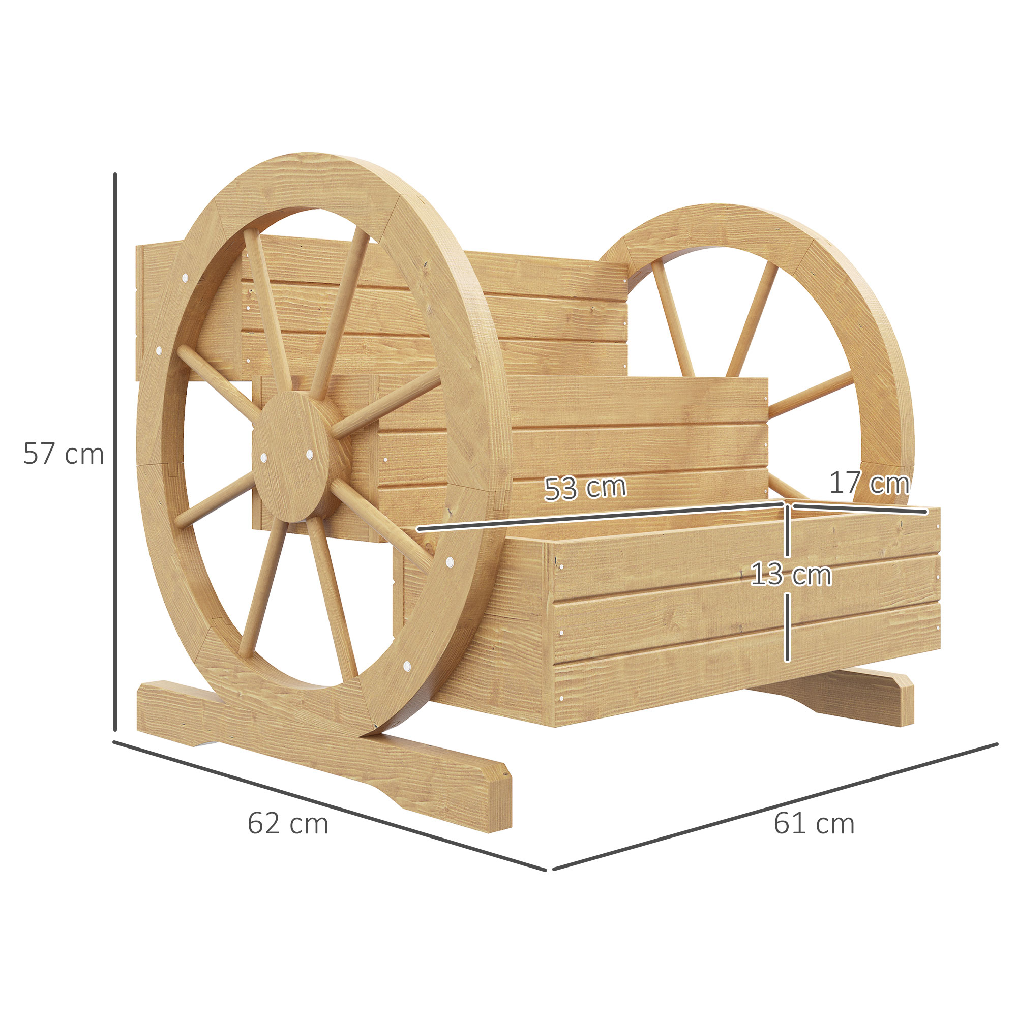 Carro de madera con dos ruedas y jardinera. Se muestran dimensiones.