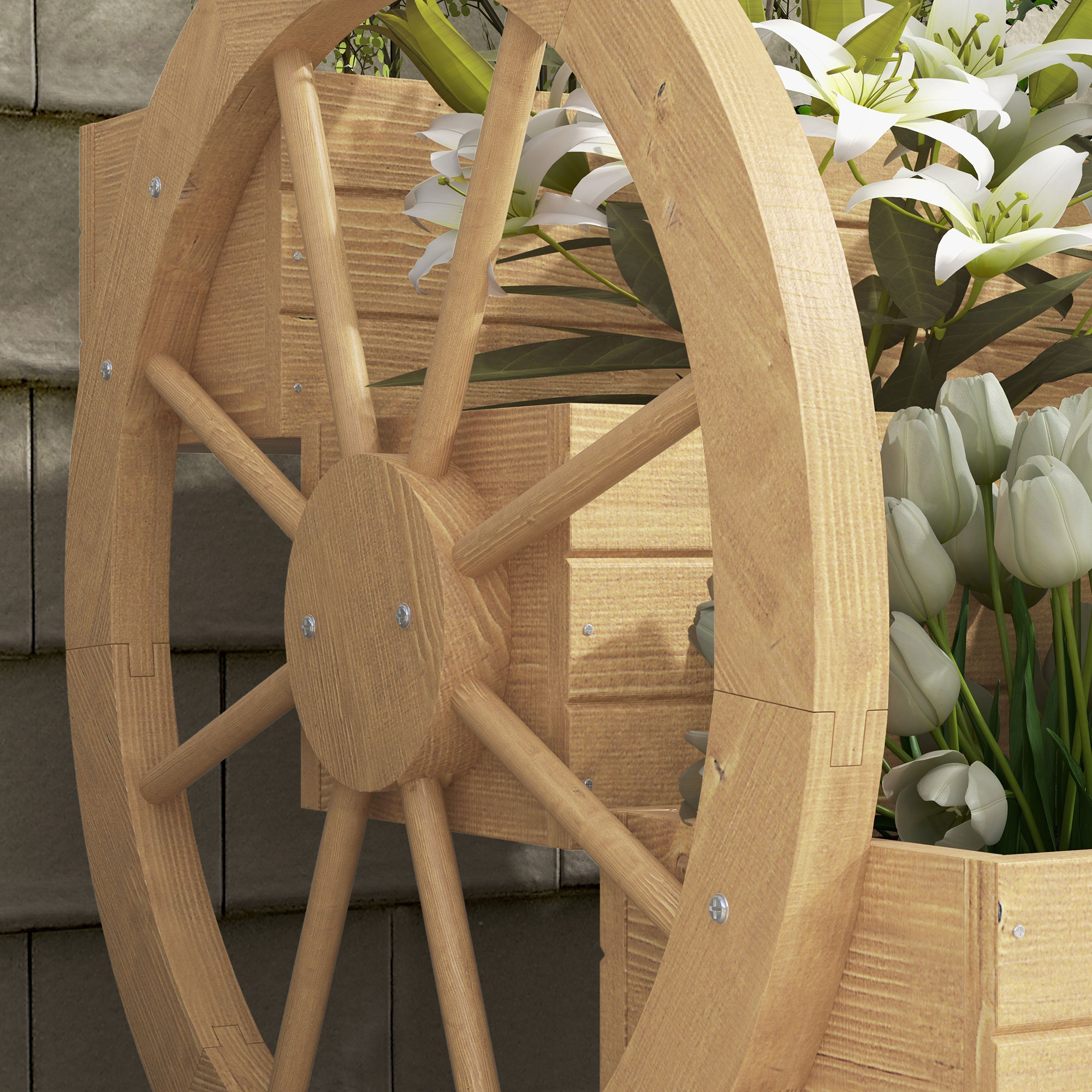 Macetero de rueda de carro de madera con lirios blancos y tulipanes contra pared.