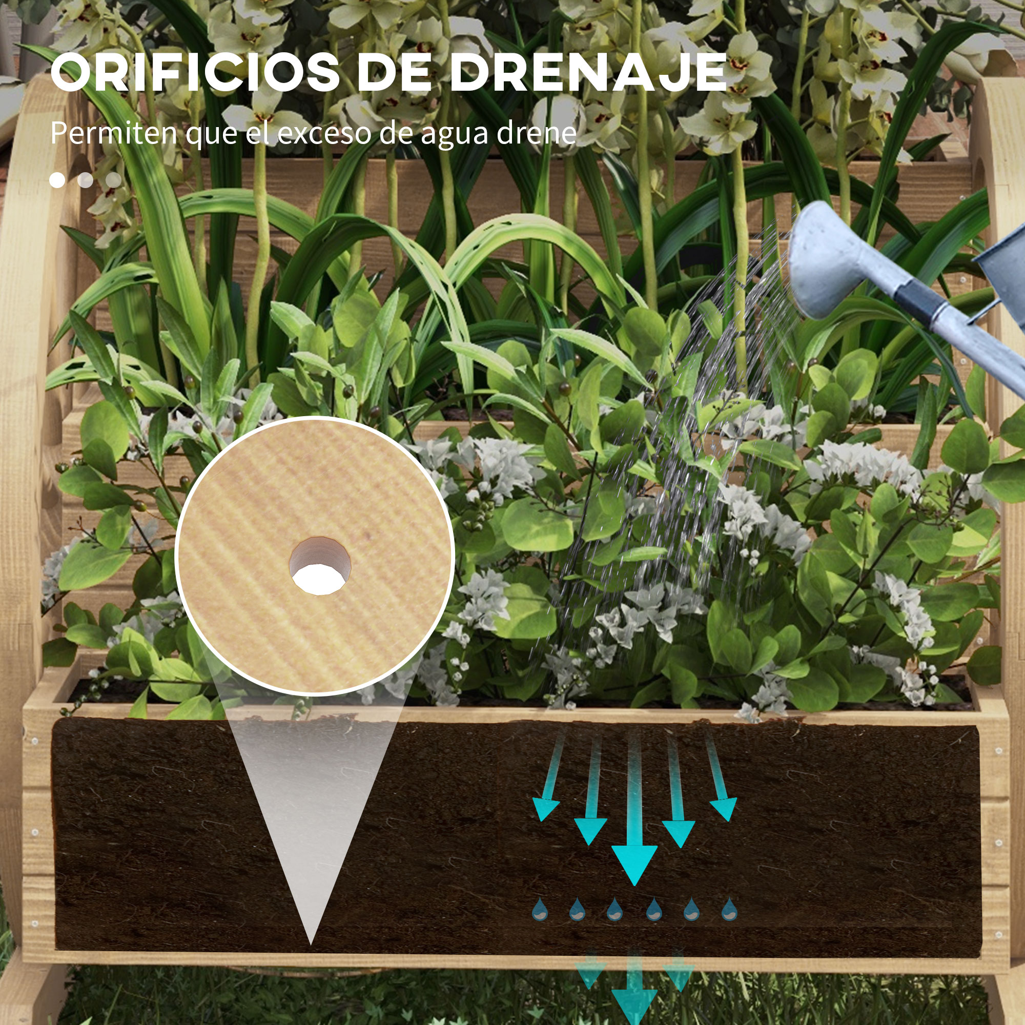 Riego de una jardinera de madera con agujeros de drenaje y plantas.