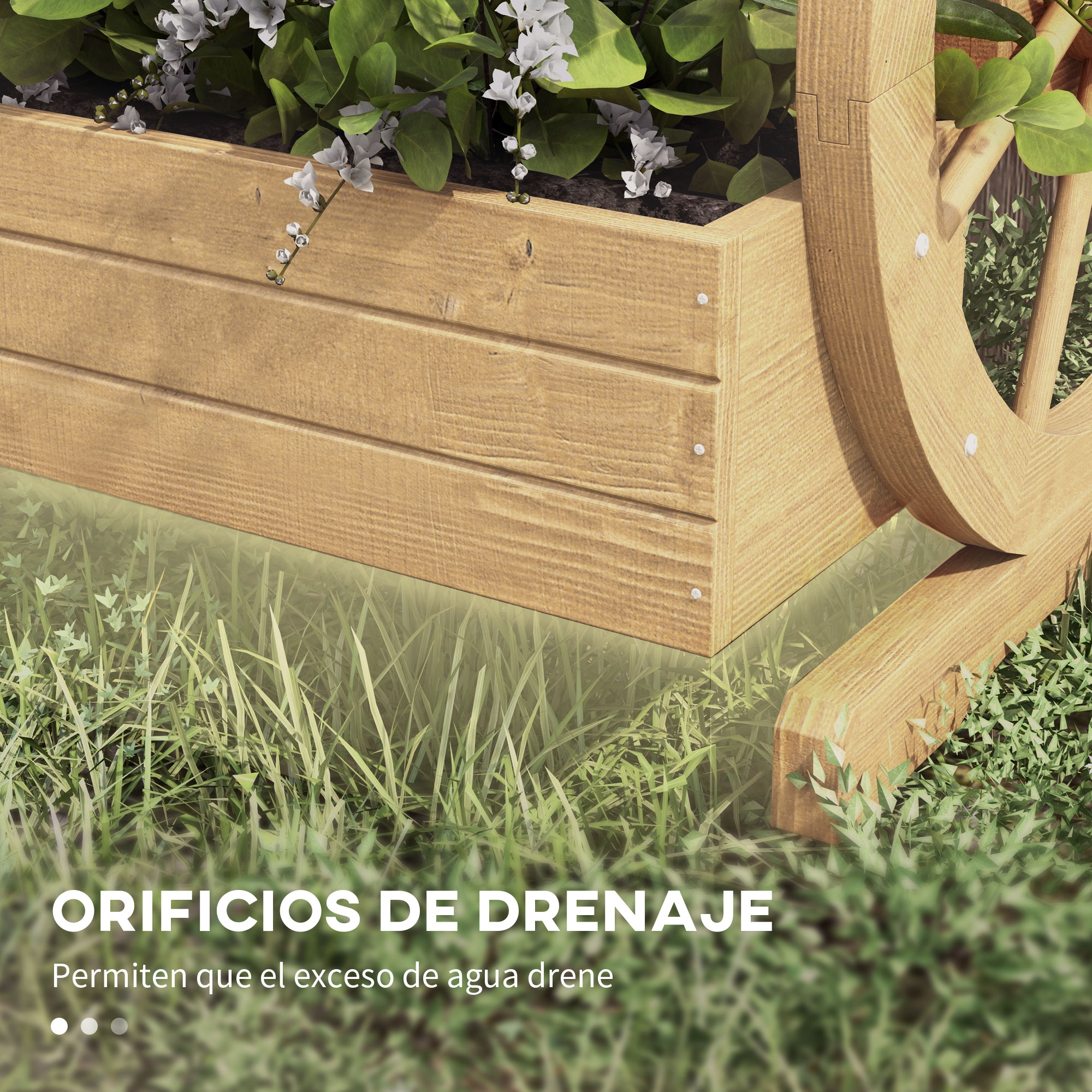 Macetero de madera con flores blancas y hojas verdes, sobre césped.