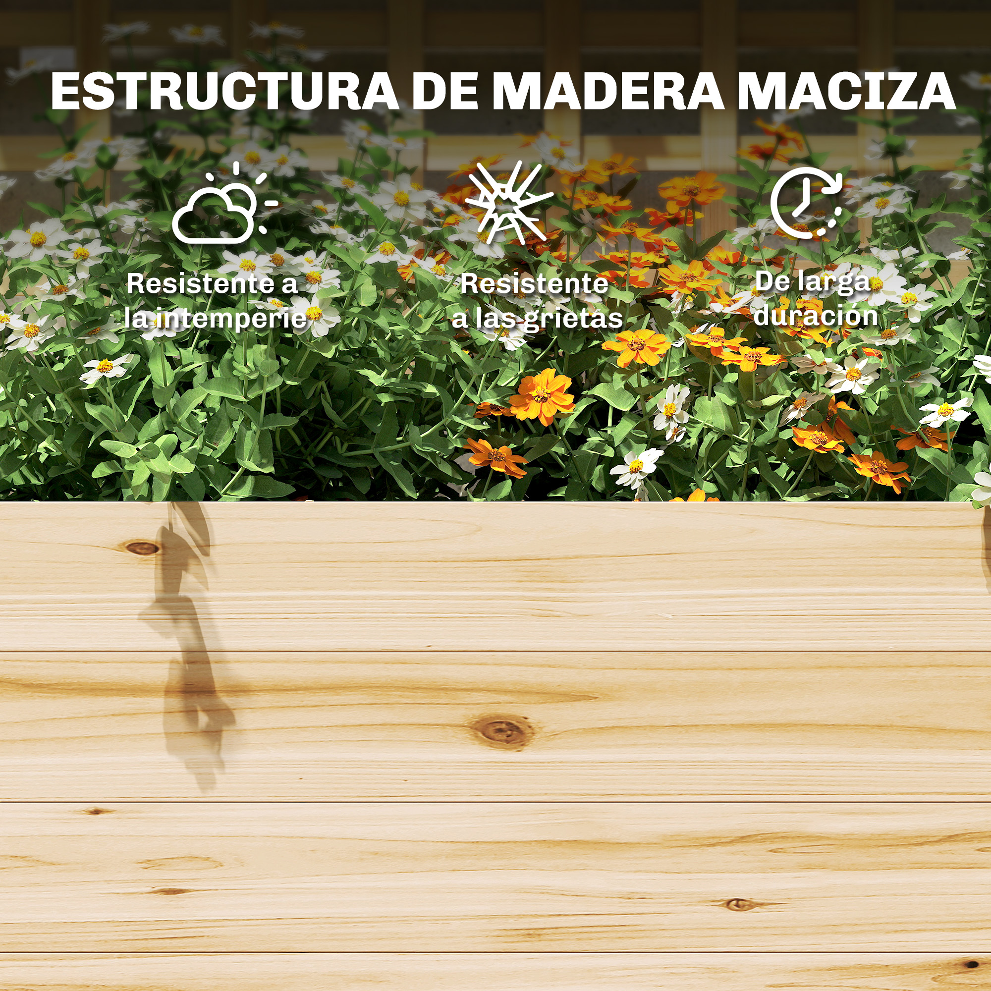 Estructura de madera maciza con flores y madera.