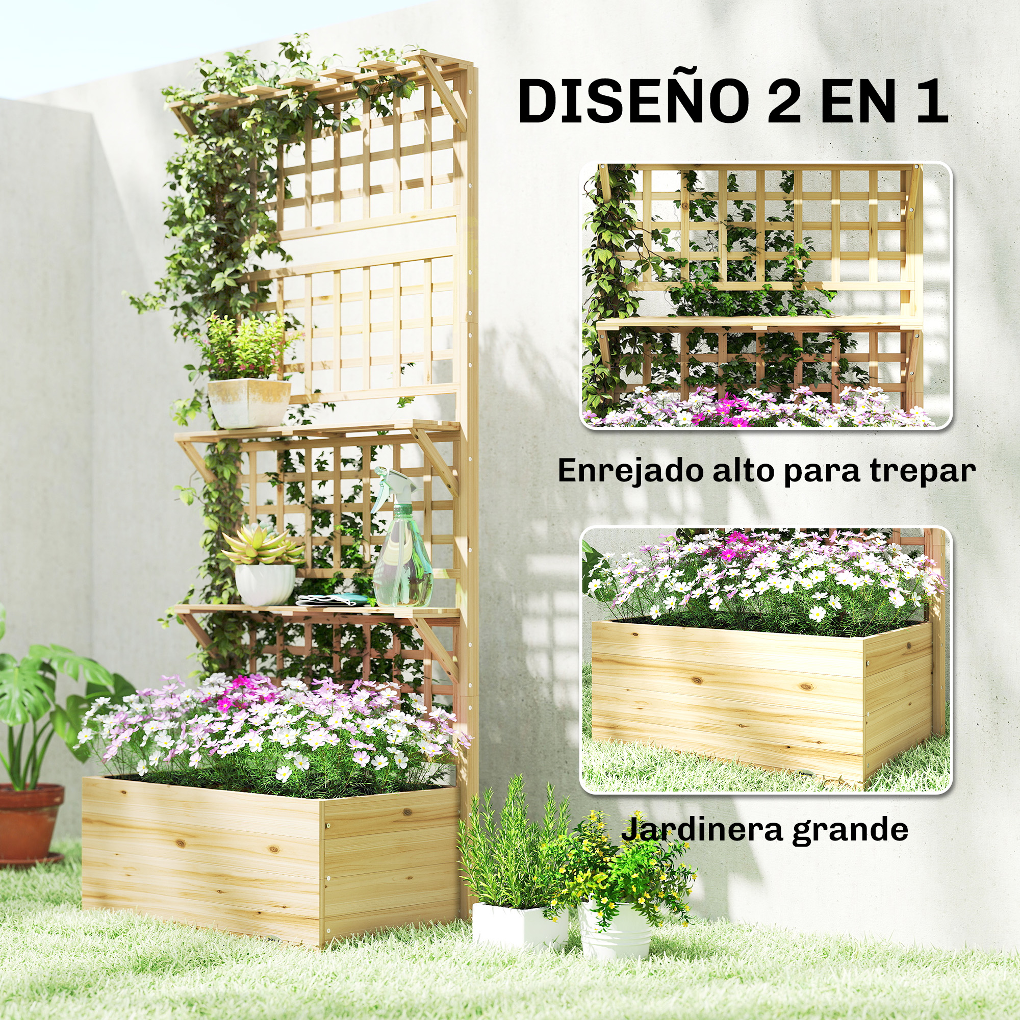 Enrejado de madera con plantas y flores en jardineras.
