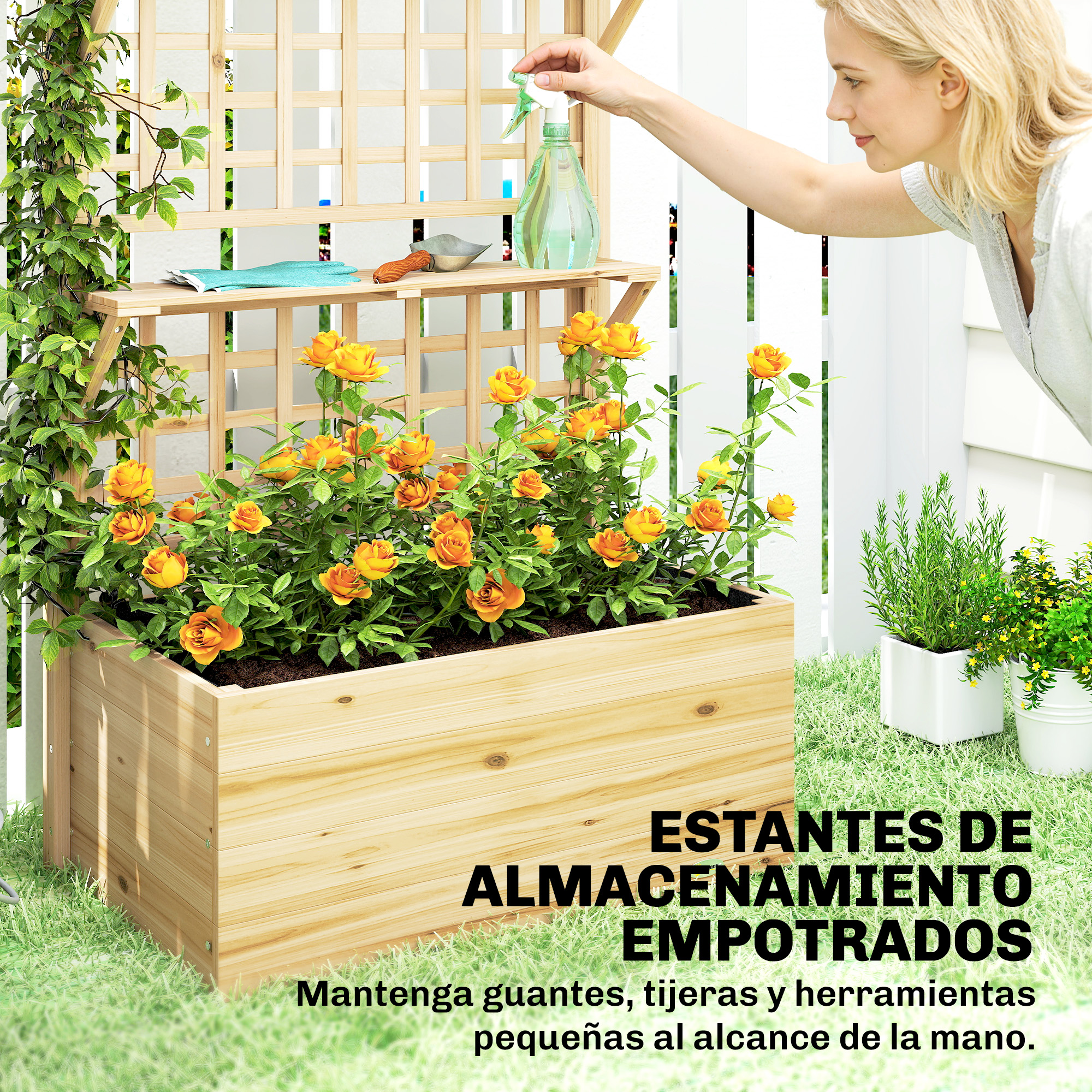 Mujer riega rosas en jardinera de madera con estante adjunto.
