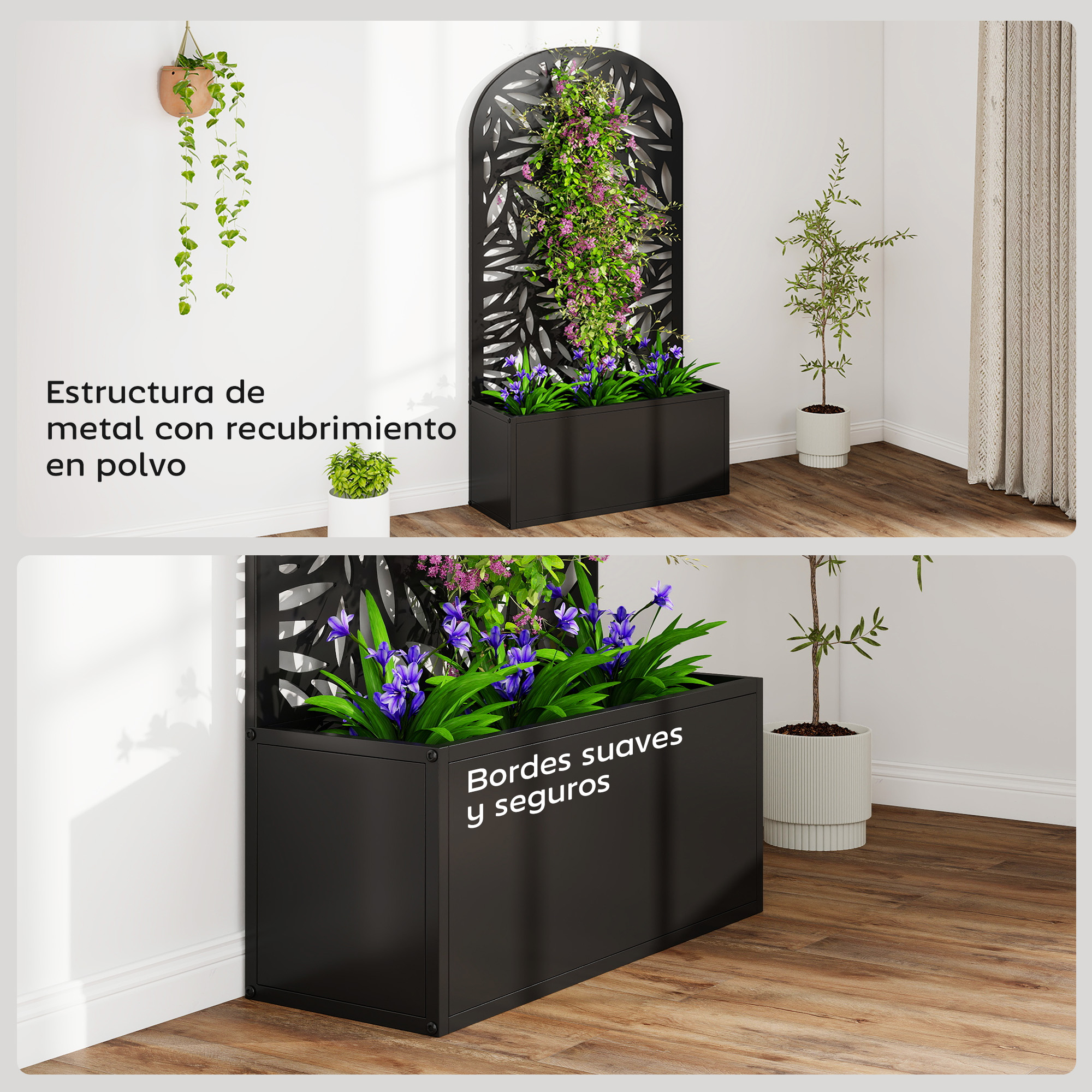 Macetero negro con enrejado y flores moradas. Ambiente interior.