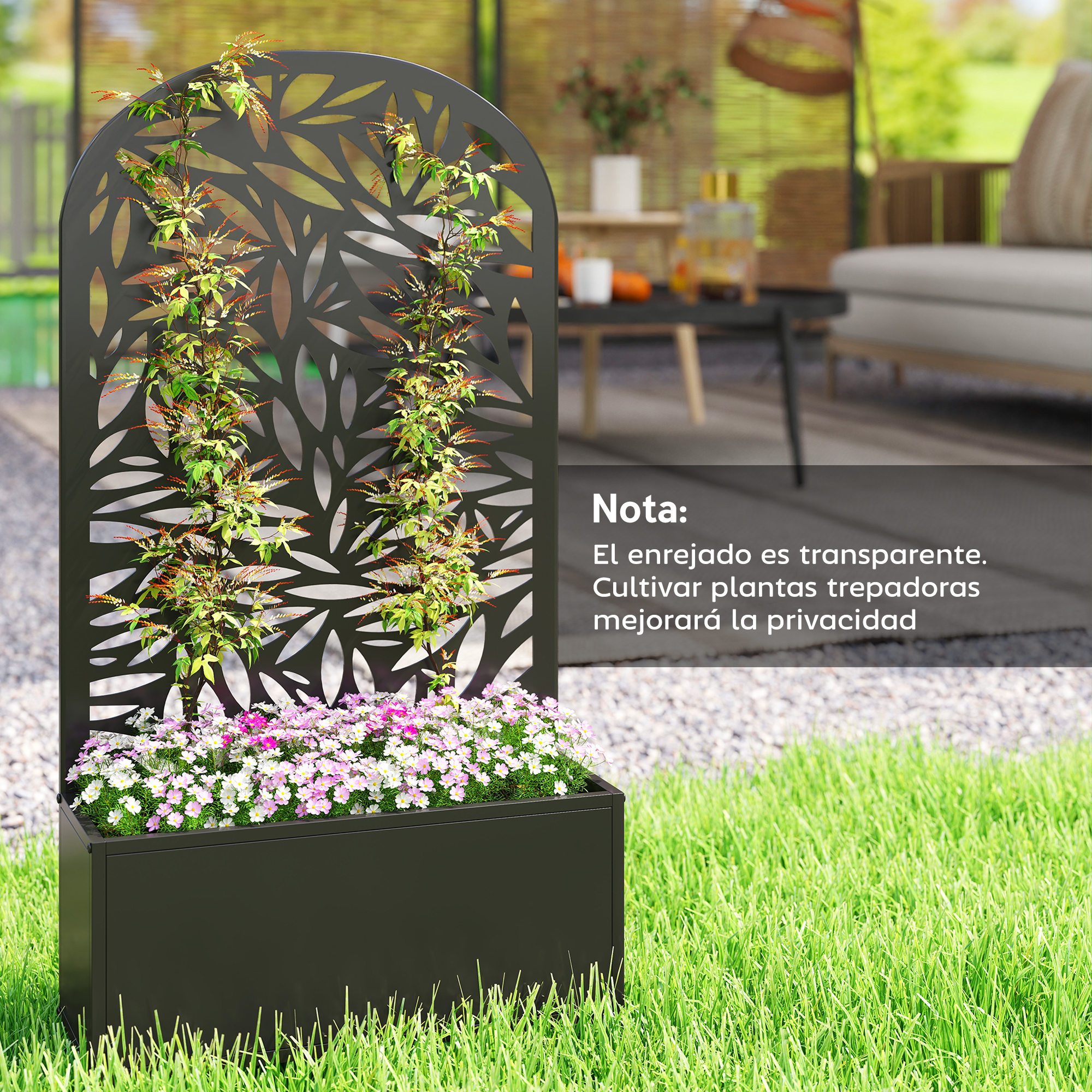 Un jardinero negro con plantas trepadoras y flores frente a una pantalla de privacidad.