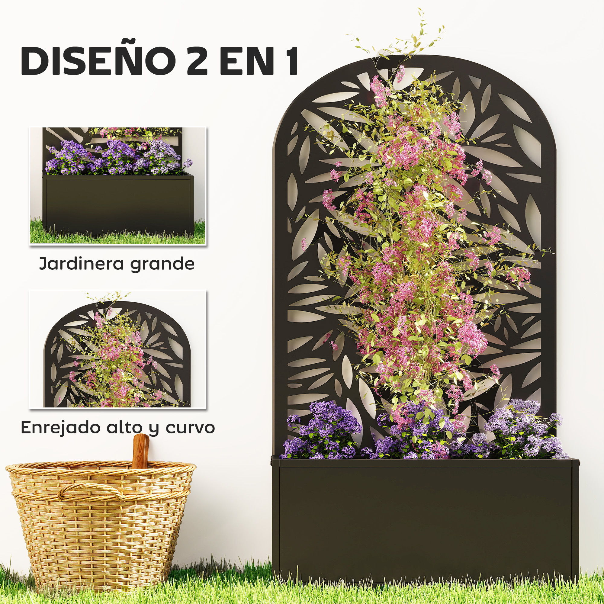 Un macetero oscuro con enrejado curvo, adornado con flores rosas y moradas.