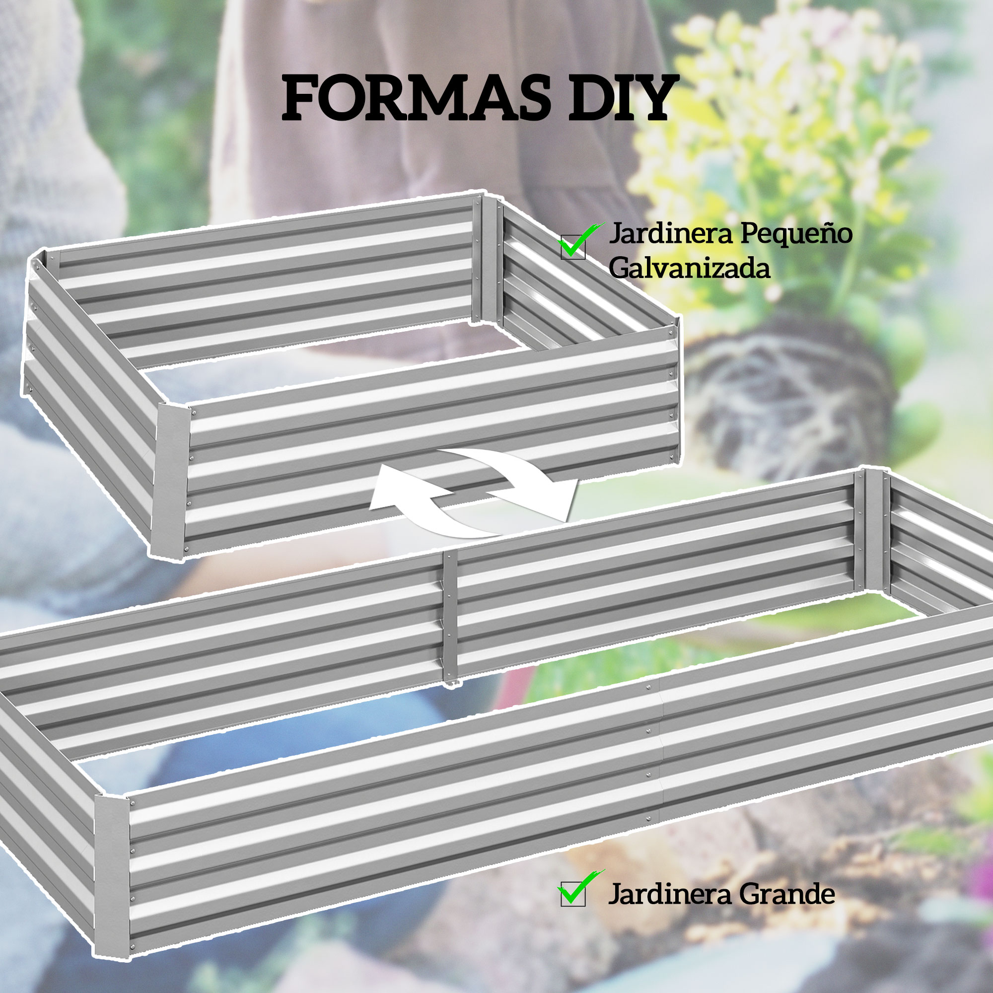 Dos jardineras elevadas galvanizadas, pequeña y grande, una al lado de otra.