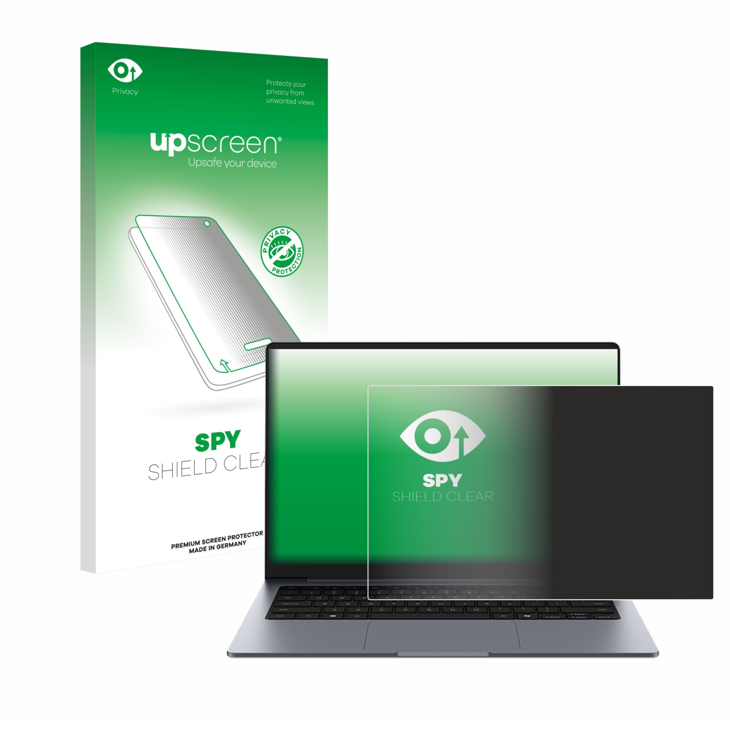 Laptop mit Datenschutzfolie, die die linke Hälfte abdeckt.