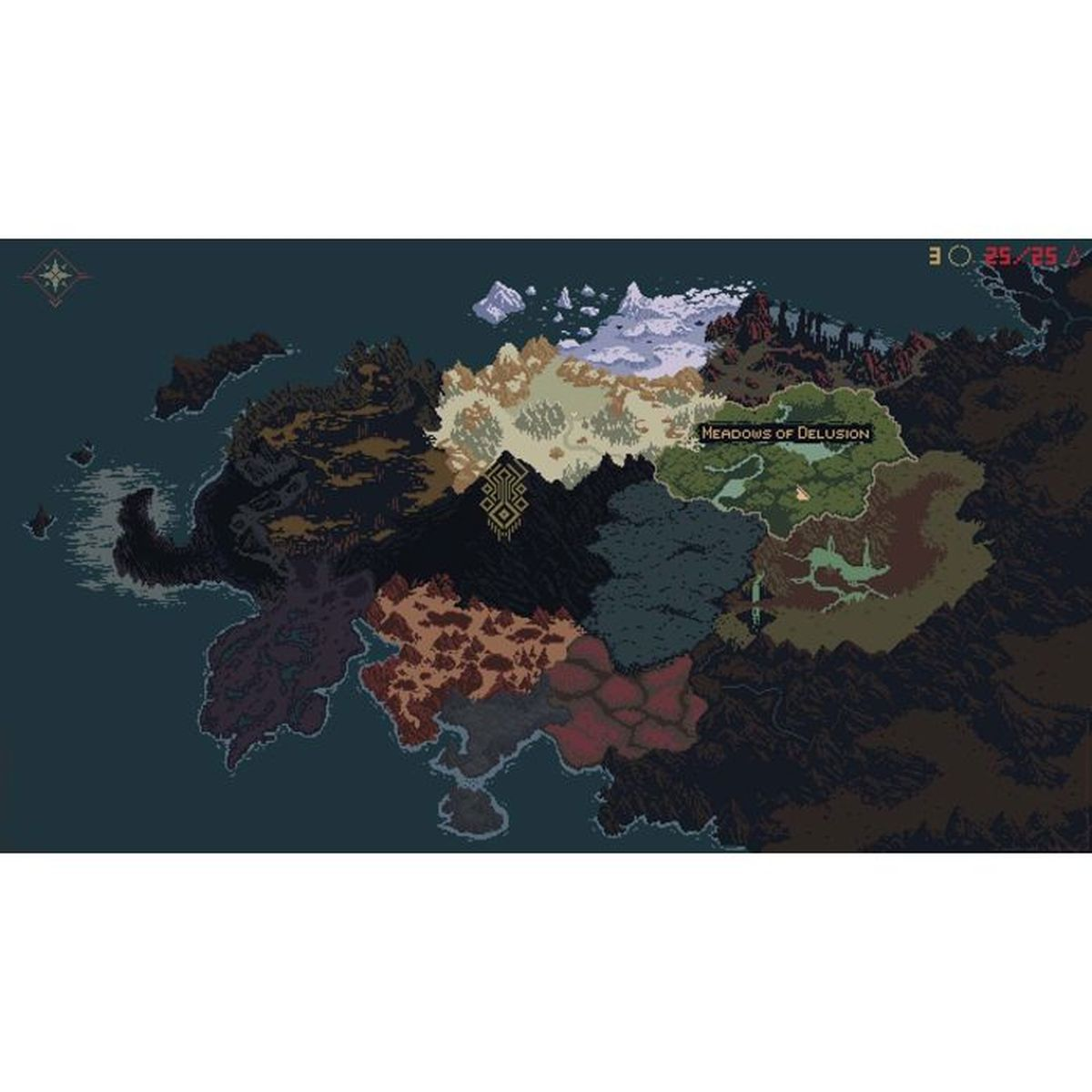 Una mappa pixelata di un mondo fantasy con diverse regioni e un corso d'acqua.