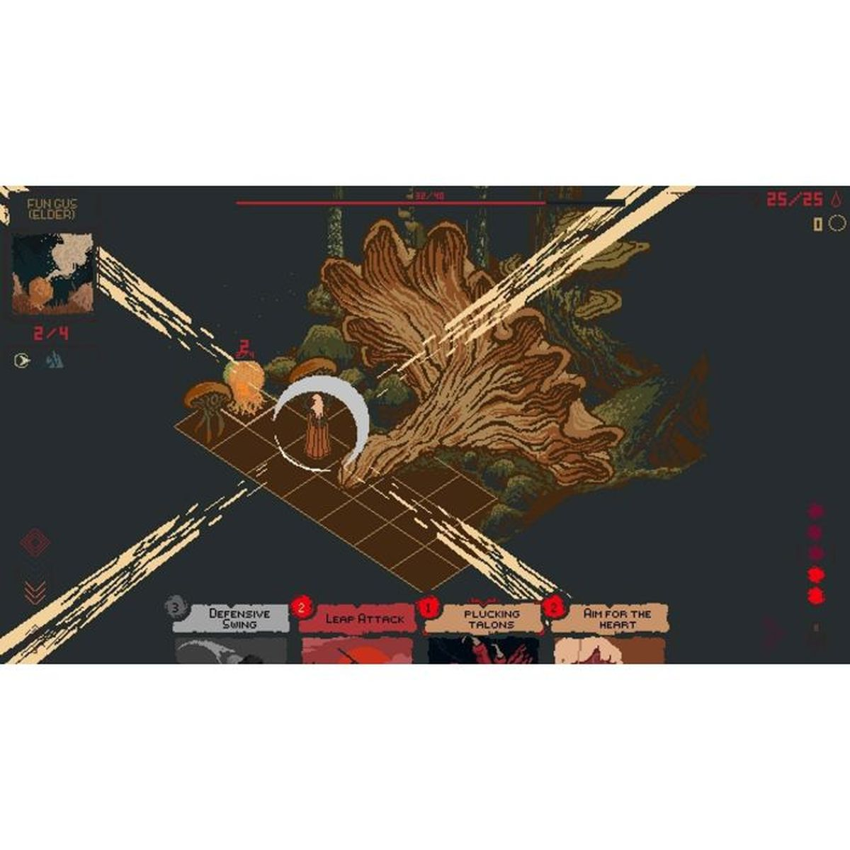 Scena di gioco con funghi e personaggi su una griglia.