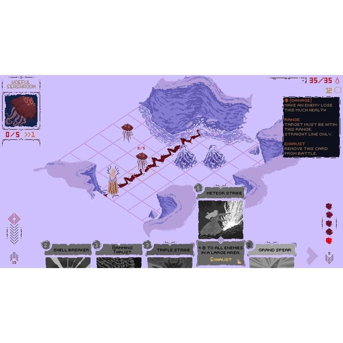 Un gioco di combattimento strategico con paesaggi e creature viola e lilla.