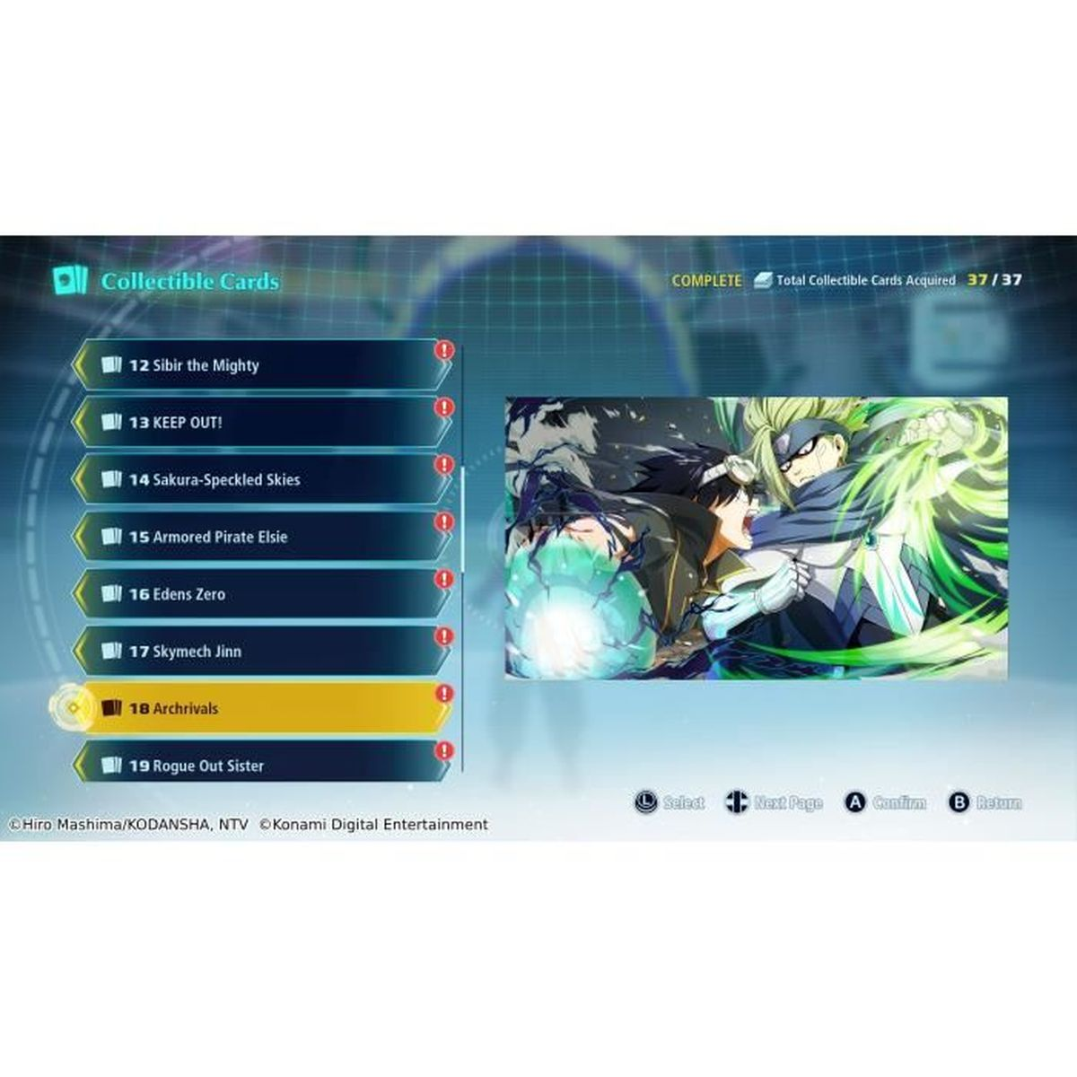 Menu carte collezionabili con lista e arte anime. 37 su 37 carte acquisite.