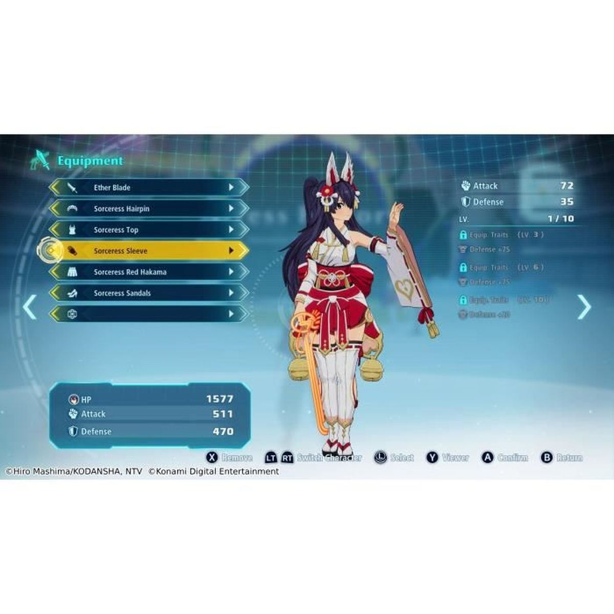 Personaggio anime in kimono rosso e orecchie da coniglio nel menu equip.