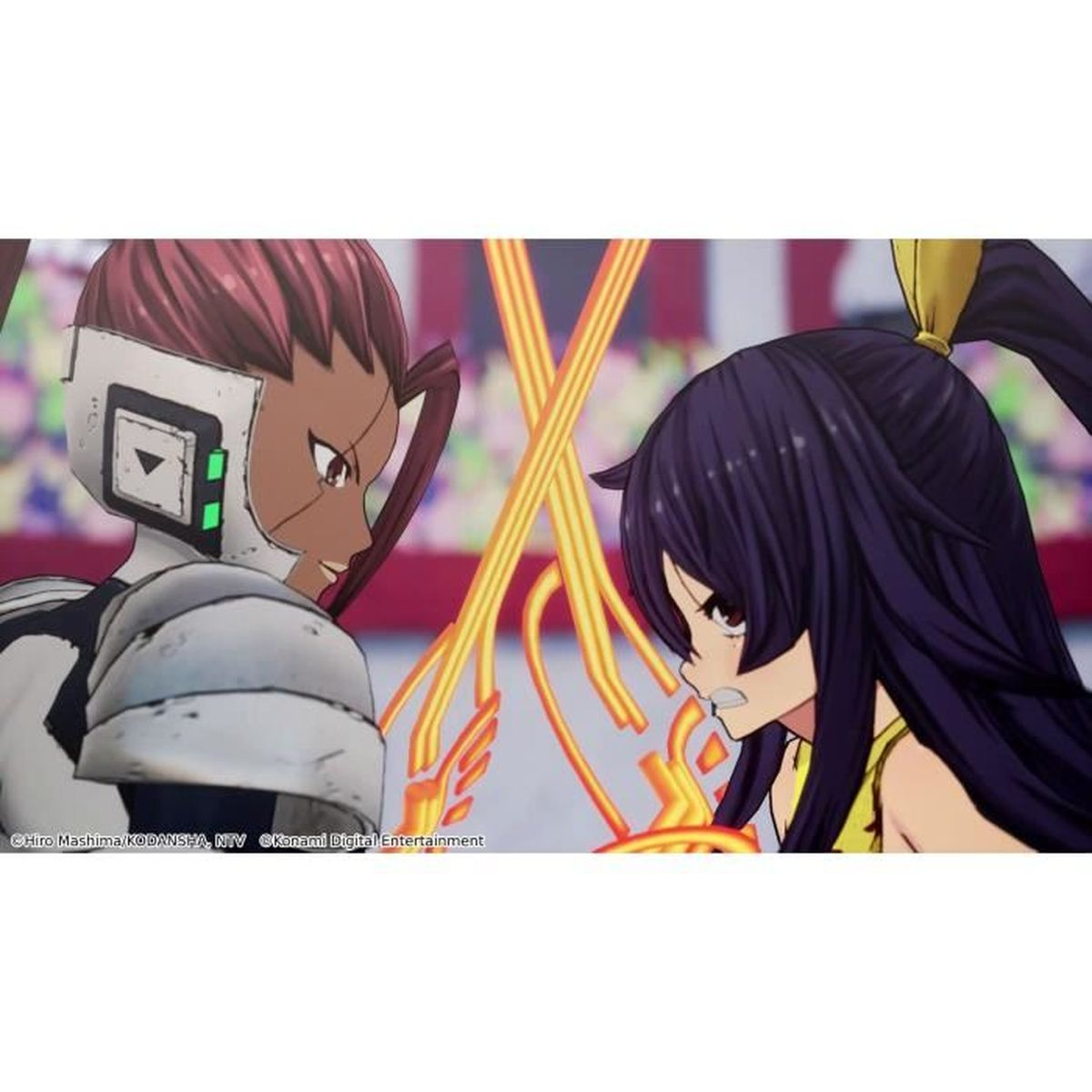 Due personaggi anime con spade luminose si affrontano.