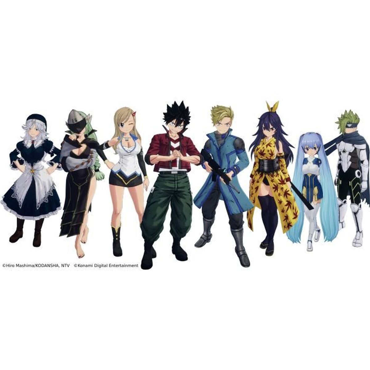 Otto personaggi in stile anime in fila, con un uomo in rosso e verde in primo piano.